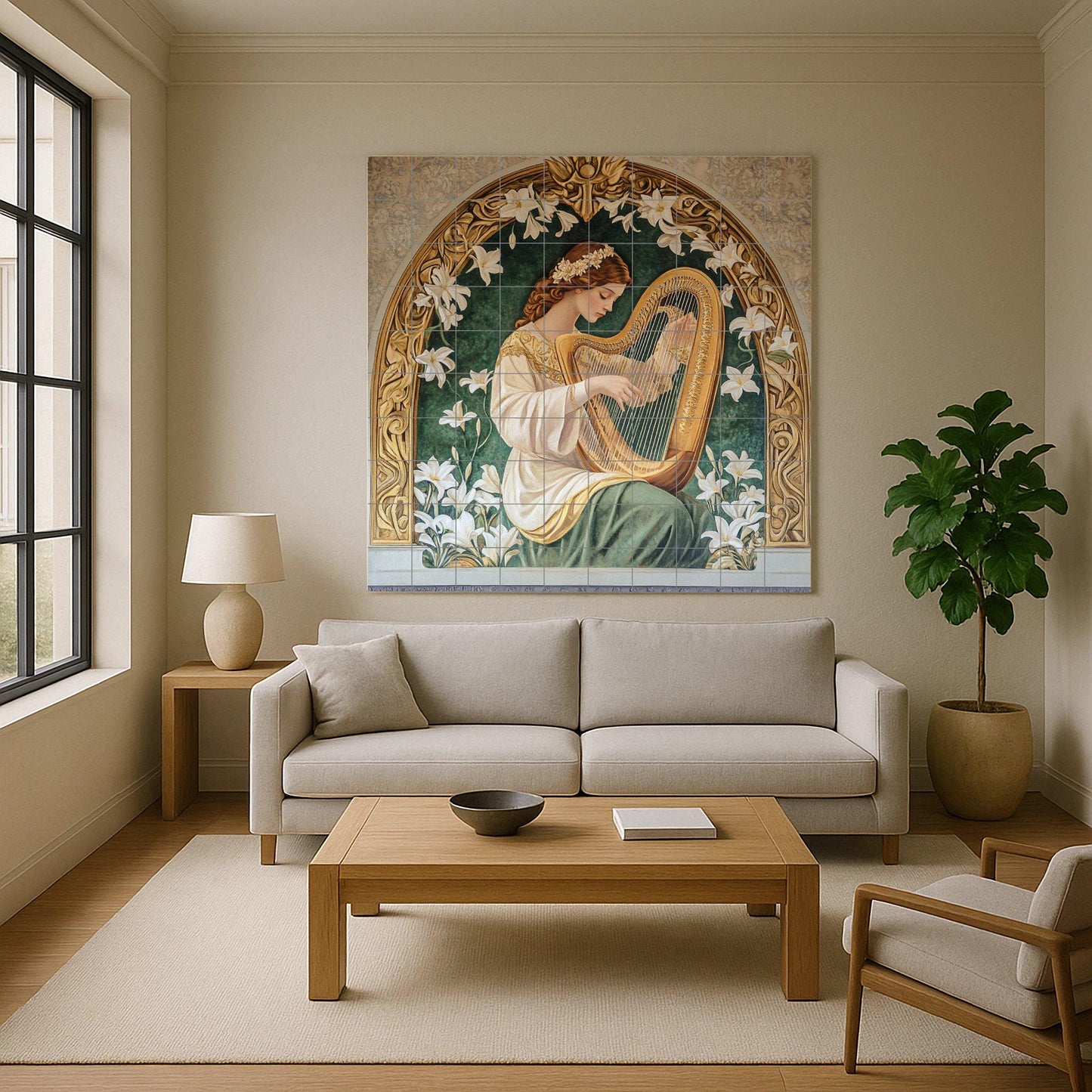Ceramic tile mural with Art Nouveau harp / Elegant woman with lilies and golden bow / Classic decorative panel. Romantic living room.