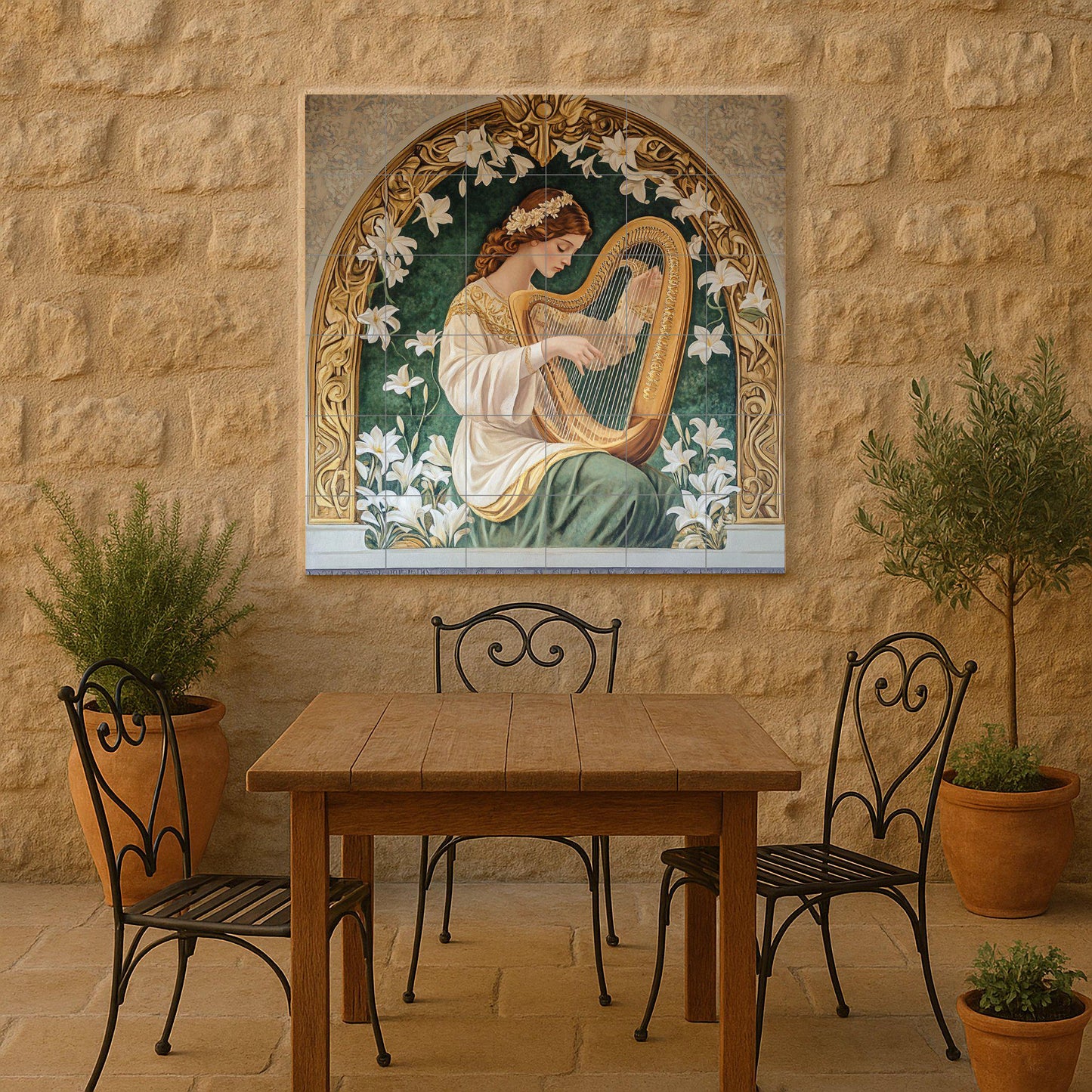 Ceramic tile mural with Art Nouveau harp / Elegant woman with lilies and golden bow / Classic decorative panel. Romantic living room.