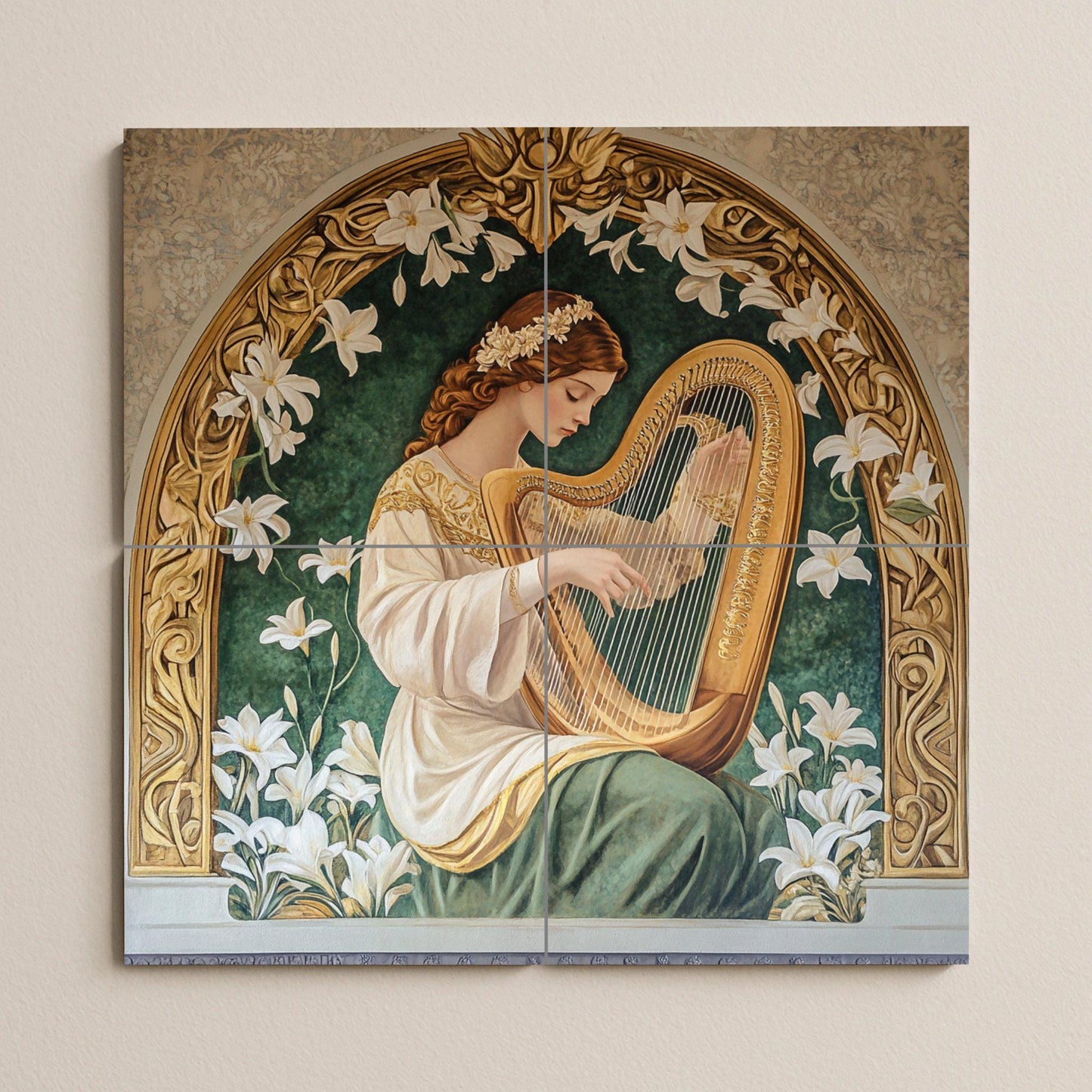Ceramic tile mural with Art Nouveau harp / Elegant woman with lilies and golden bow / Classic decorative panel. Romantic living room.