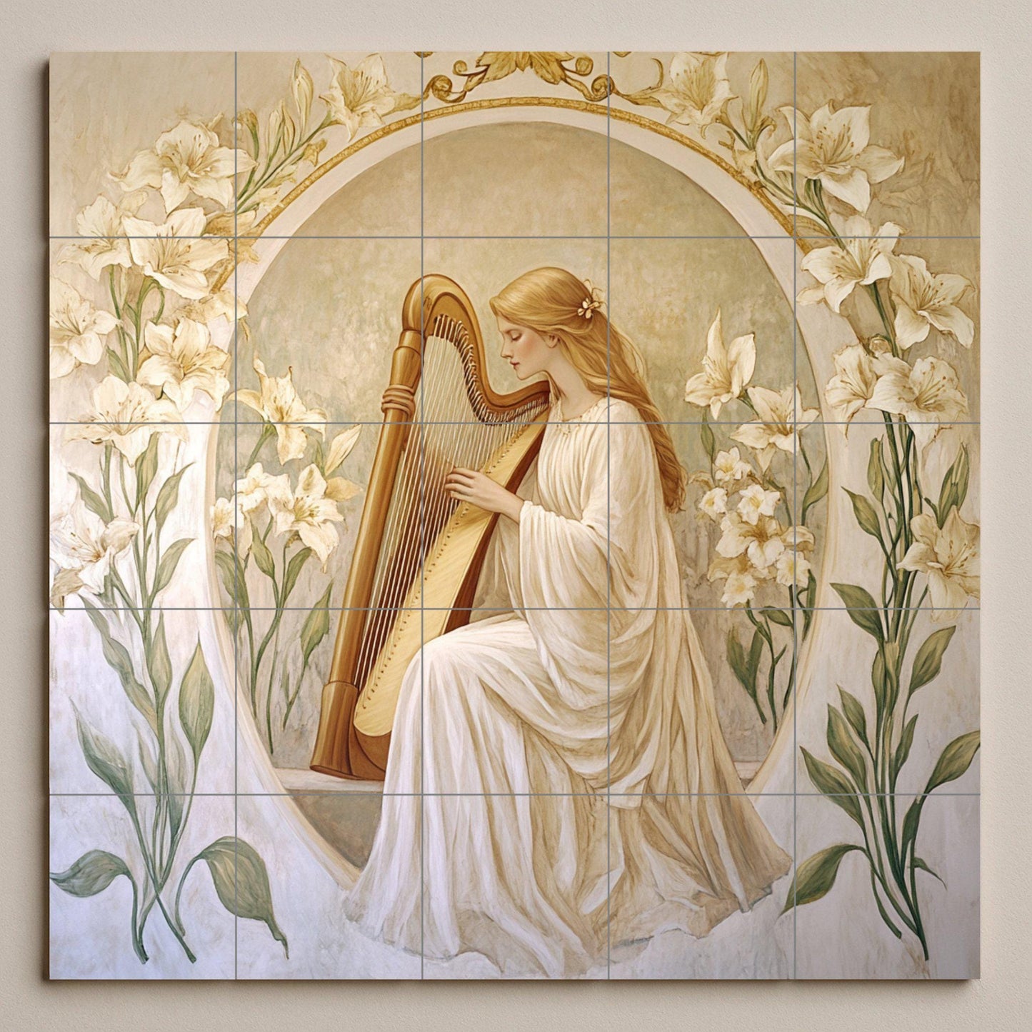 Art Nouveau ceramic tile mural / Elegant woman playing the harp with lilies / Classic decorative panel for a romantic bedroom or kitchen
