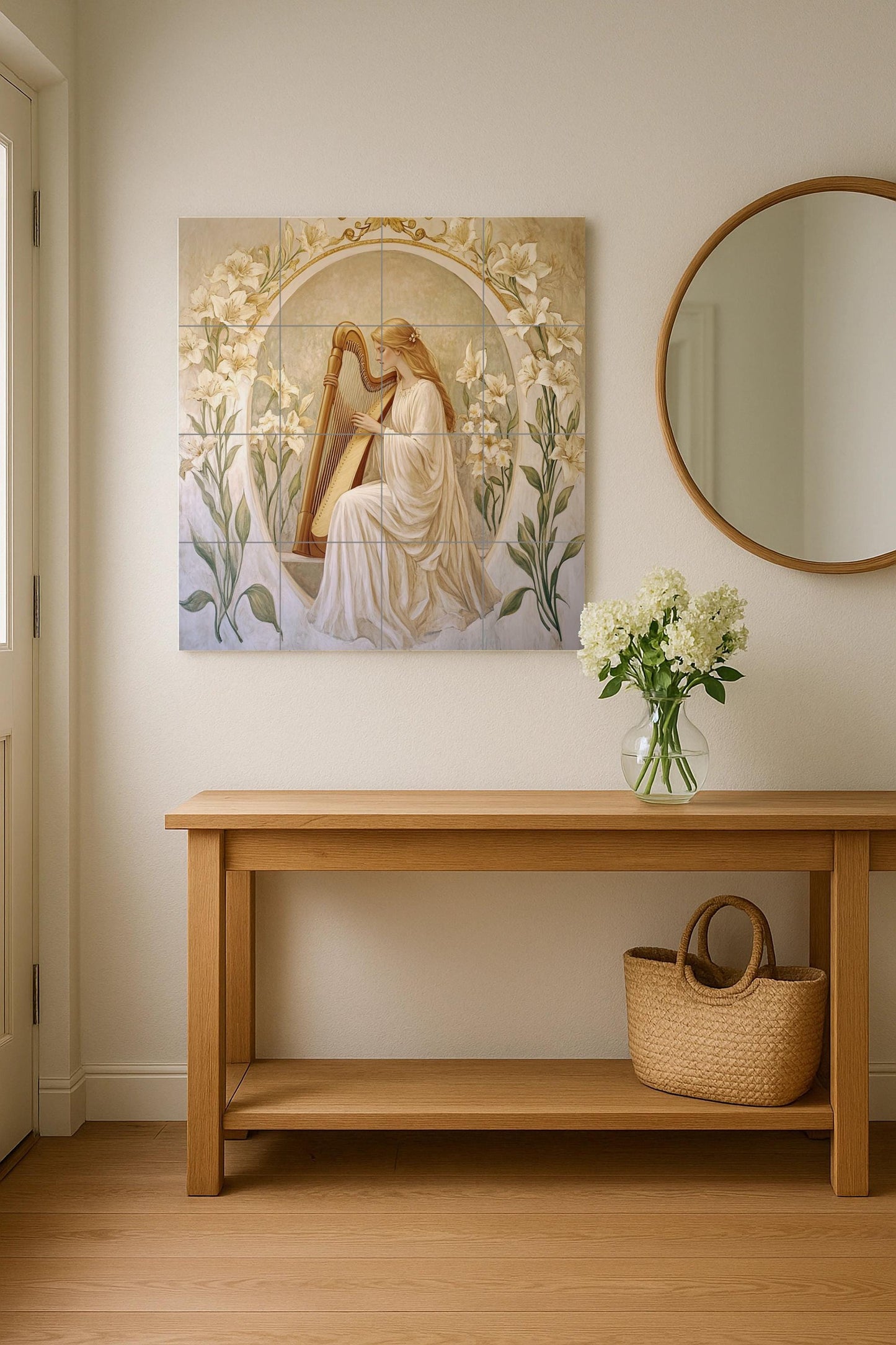 Art Nouveau ceramic tile mural / Elegant woman playing the harp with lilies / Classic decorative panel for a romantic bedroom or kitchen