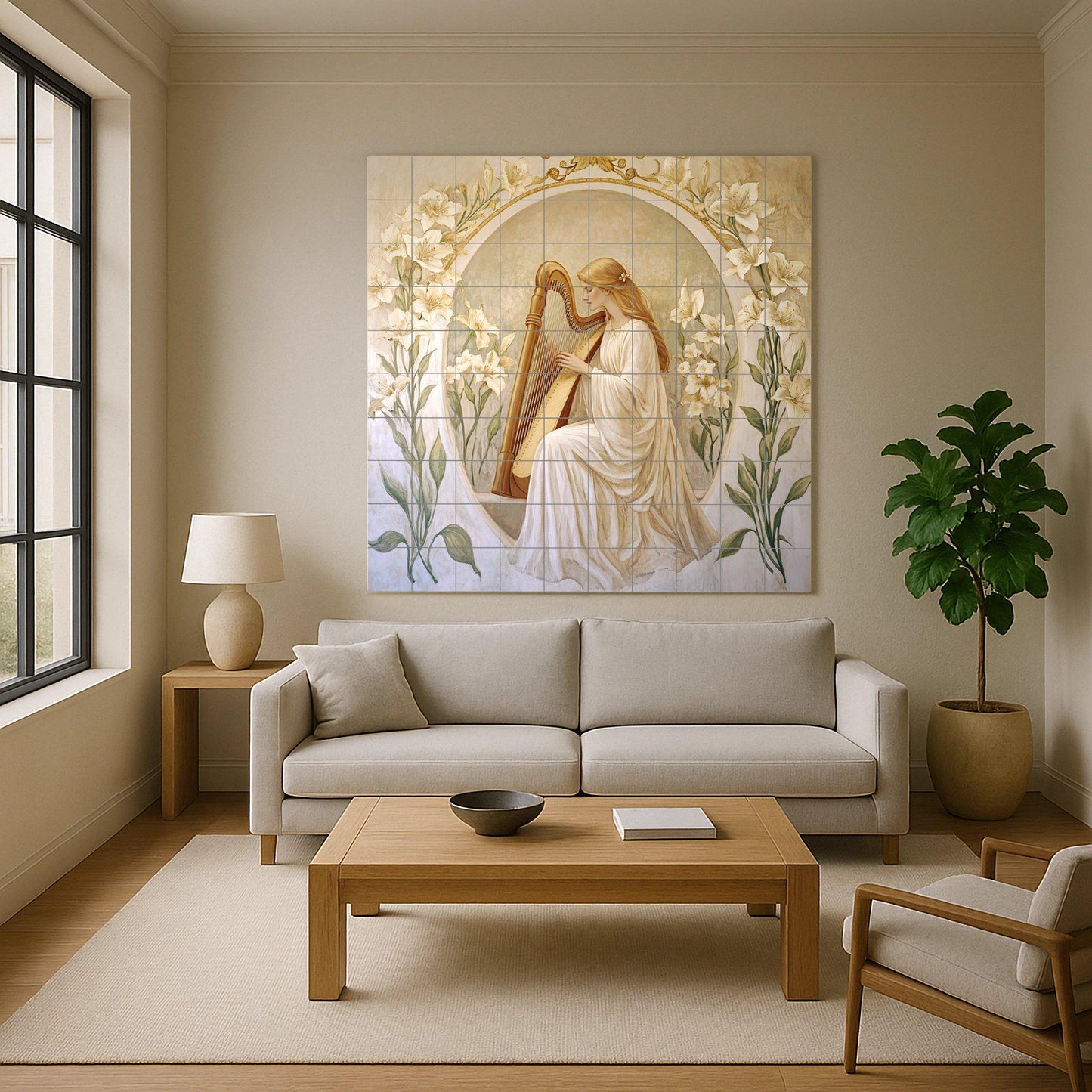Art Nouveau ceramic tile mural / Elegant woman playing the harp with lilies / Classic decorative panel for a romantic bedroom or kitchen