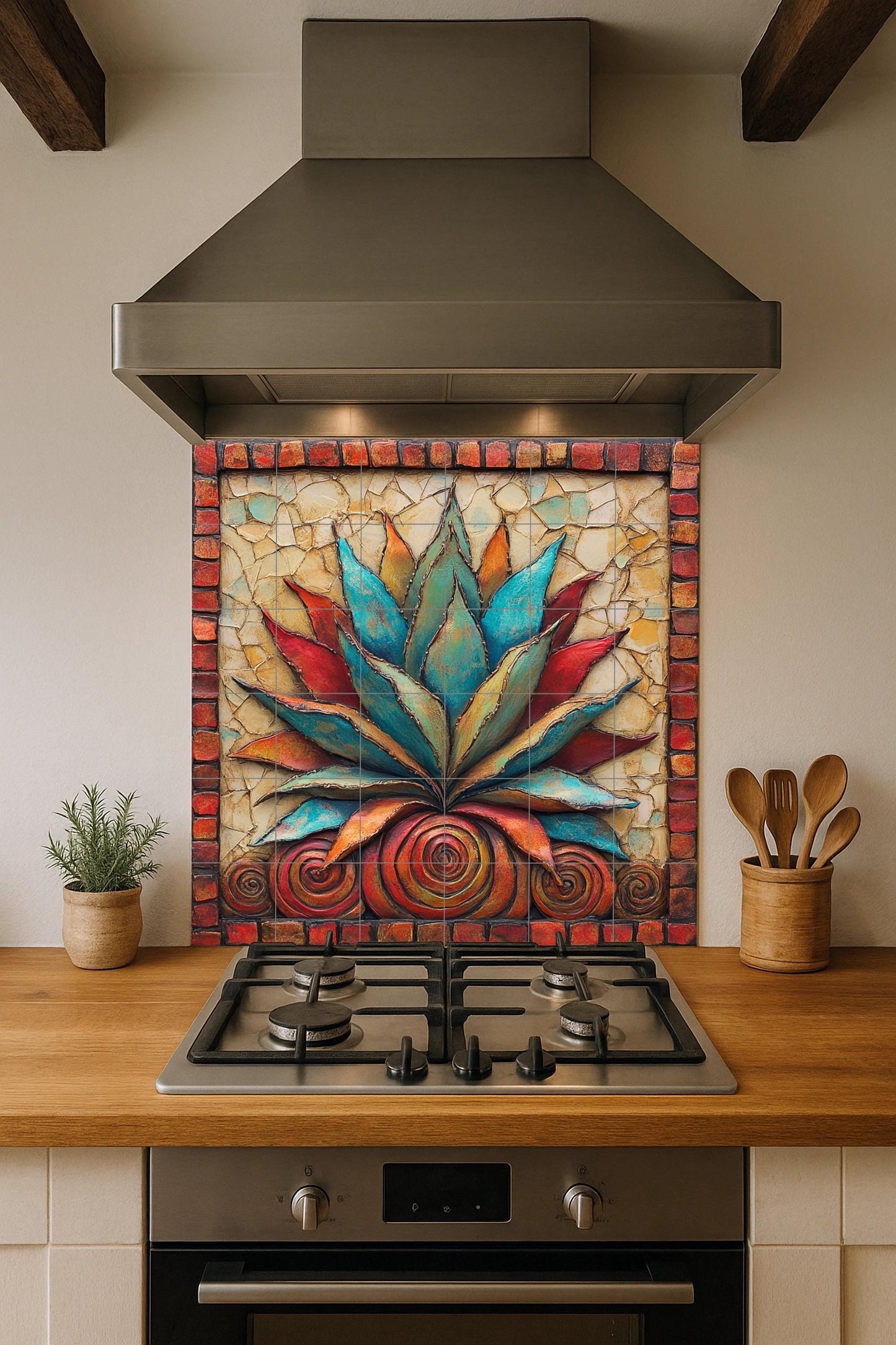 Mexican agave ceramic tile mural / Colorful succulent decorative panel with red and blue leaves / Rustic Southwestern decor