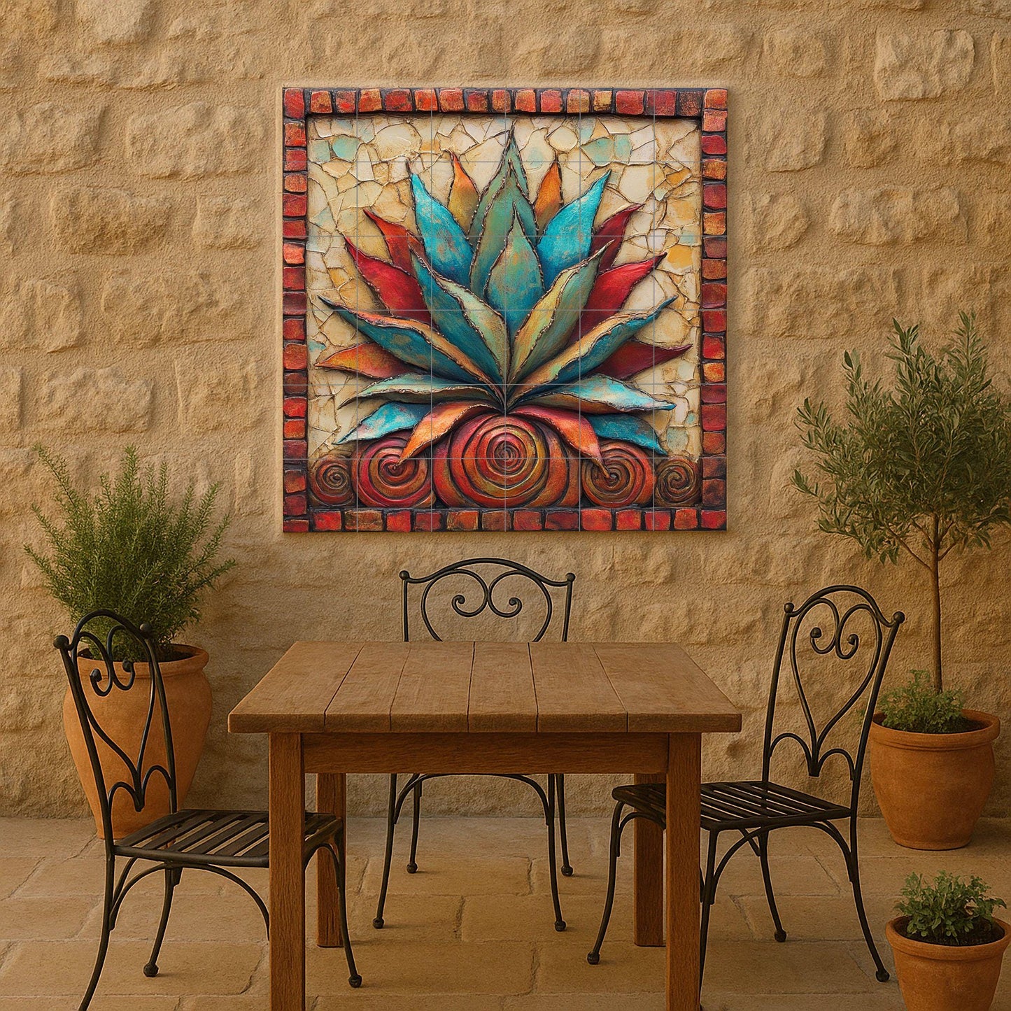 Mexican agave ceramic tile mural / Colorful succulent decorative panel with red and blue leaves / Rustic Southwestern decor