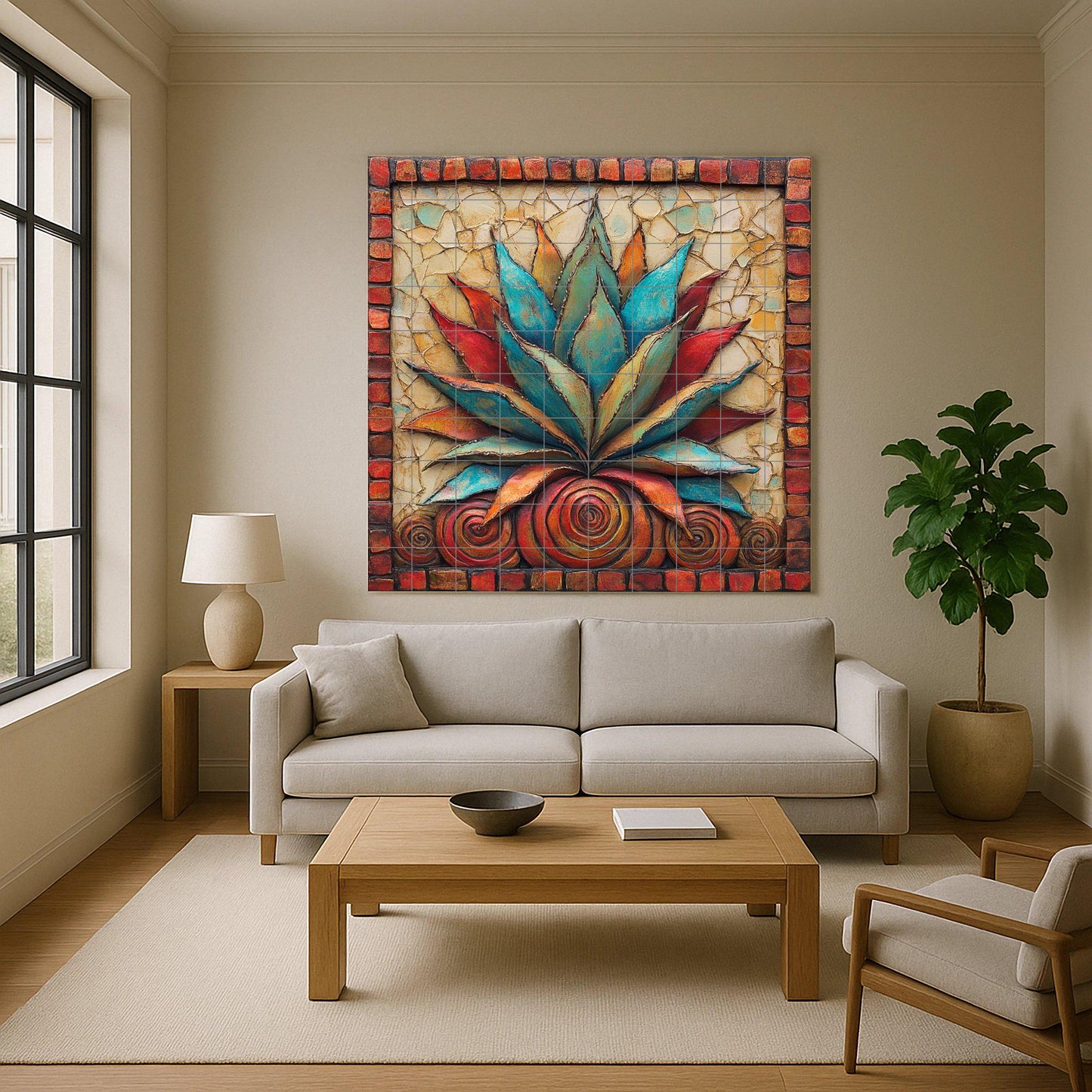 Mexican agave ceramic tile mural / Colorful succulent decorative panel with red and blue leaves / Rustic Southwestern decor