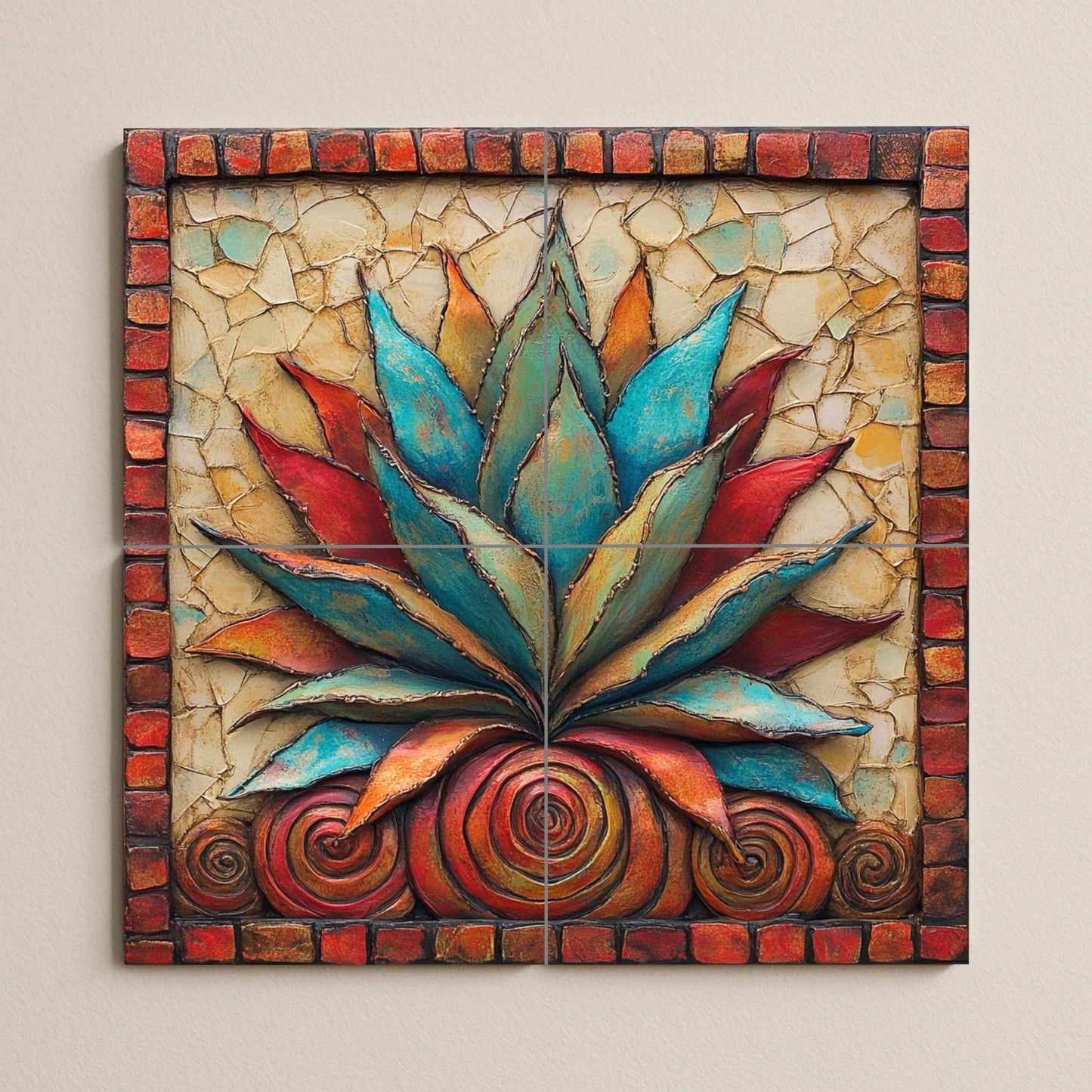 Mexican agave ceramic tile mural / Colorful succulent decorative panel with red and blue leaves / Rustic Southwestern decor