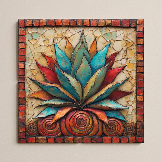 Mexican agave ceramic tile mural / Colorful succulent decorative panel with red and blue leaves / Rustic Southwestern decor