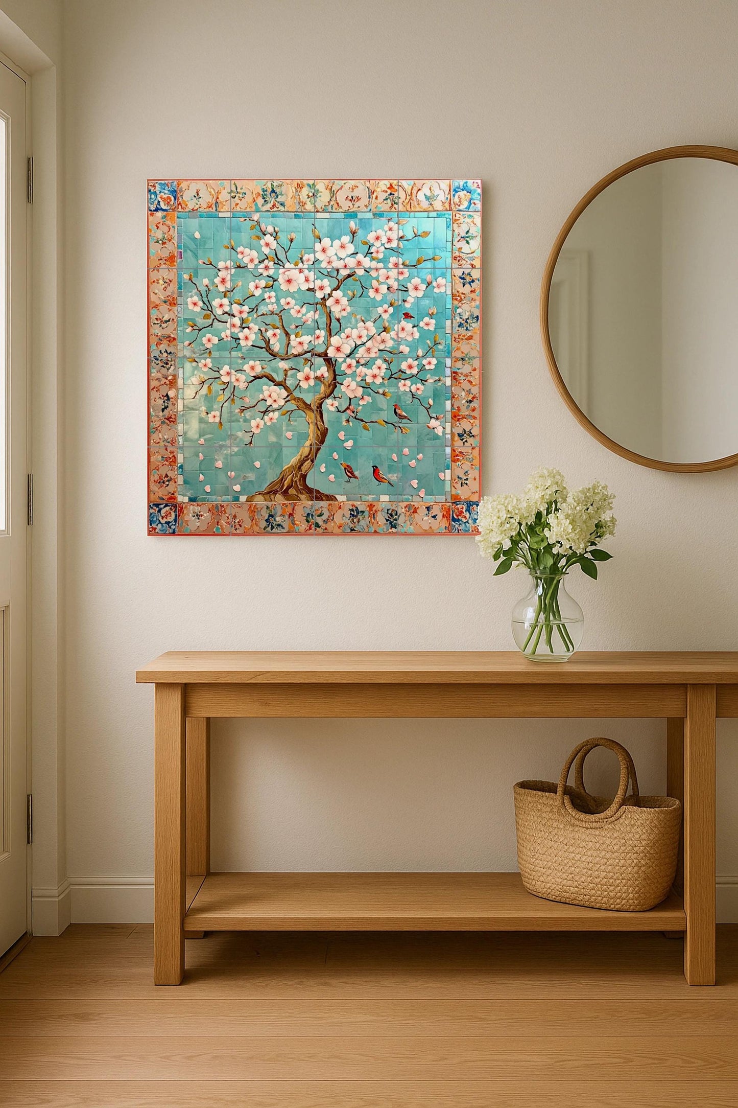 Ceramic tile mural with cherry blossoms / Decorative panel with oriental flowering tree and birds / Japanese inspiration