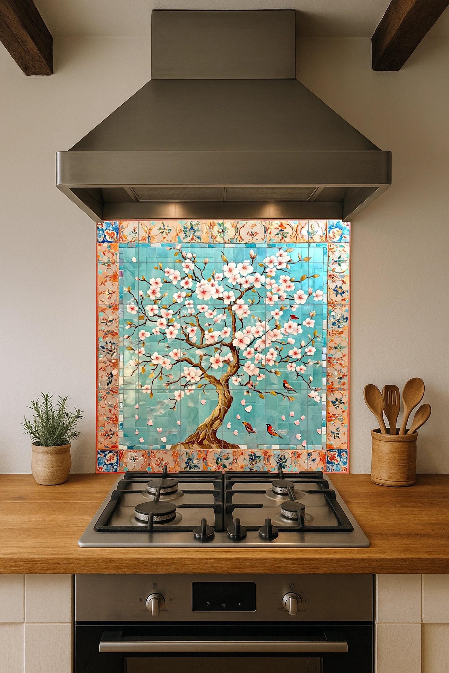 Ceramic tile mural with cherry blossoms / Decorative panel with oriental flowering tree and birds / Japanese inspiration