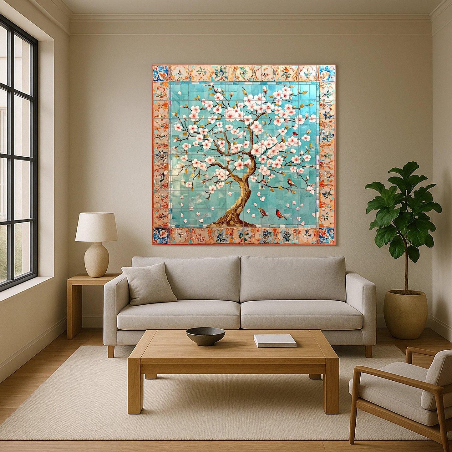 Ceramic tile mural with cherry blossoms / Decorative panel with oriental flowering tree and birds / Japanese inspiration
