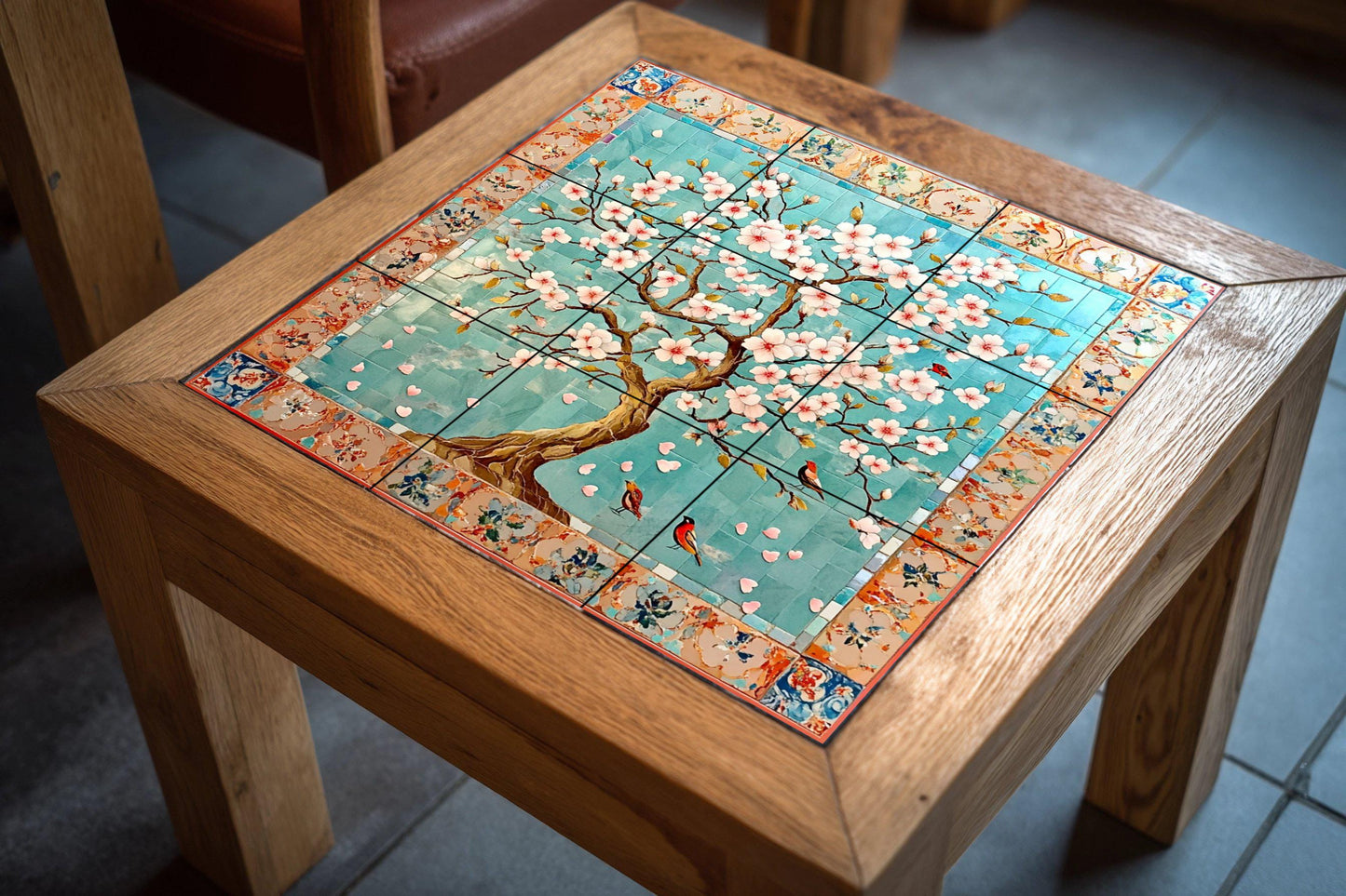 Ceramic tile mural with cherry blossoms / Decorative panel with oriental flowering tree and birds / Japanese inspiration