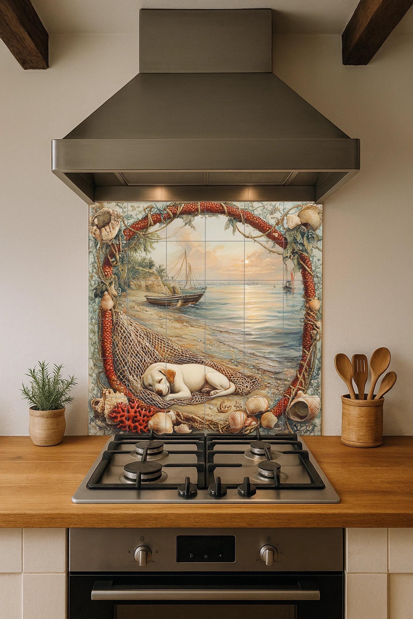 Ceramic tile mural with a puppy by the sea / Dog sleeping on the beach with boats and shells / Coastal nautical decorative panel