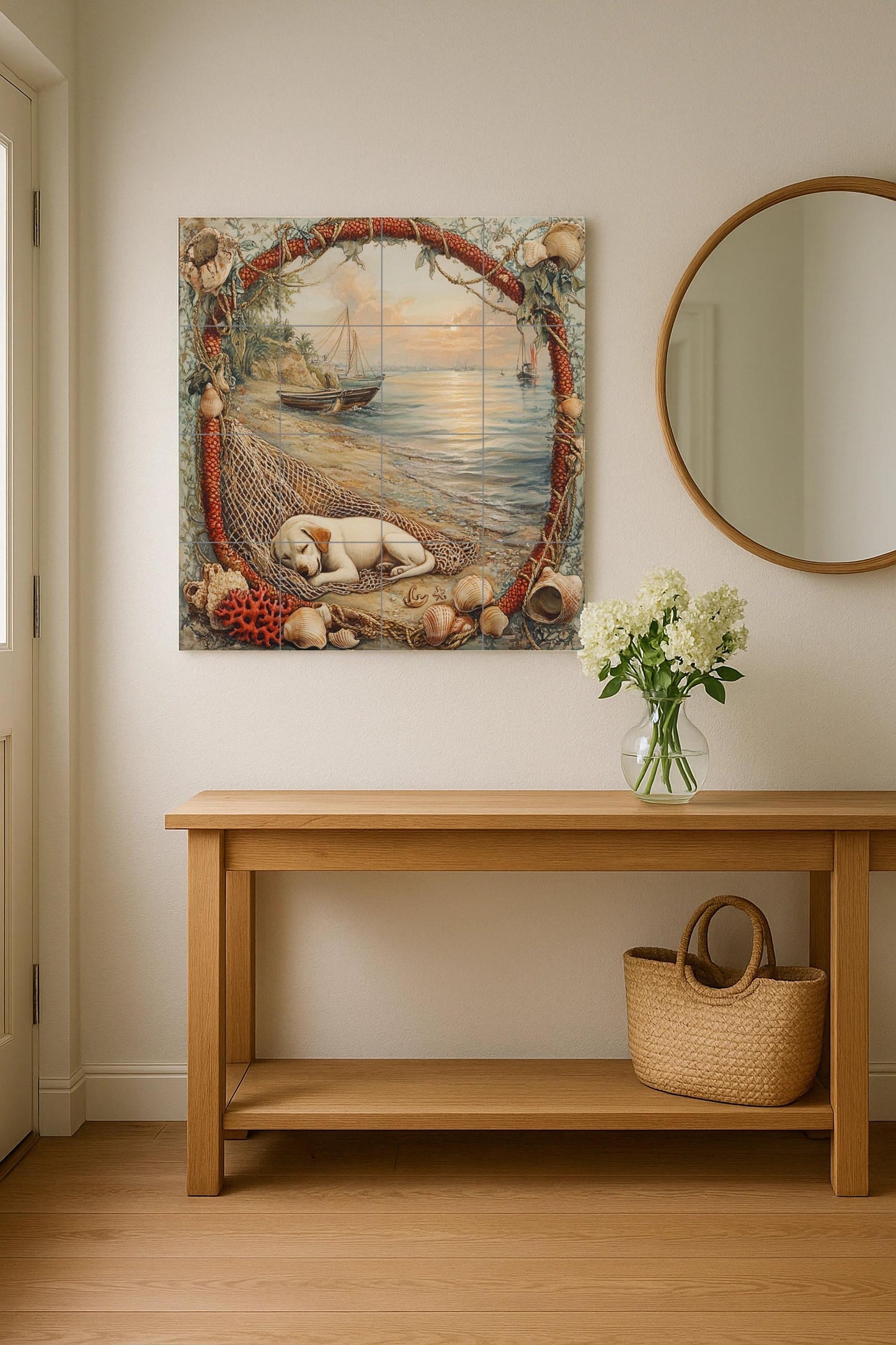 Ceramic tile mural with a puppy by the sea / Dog sleeping on the beach with boats and shells / Coastal nautical decorative panel