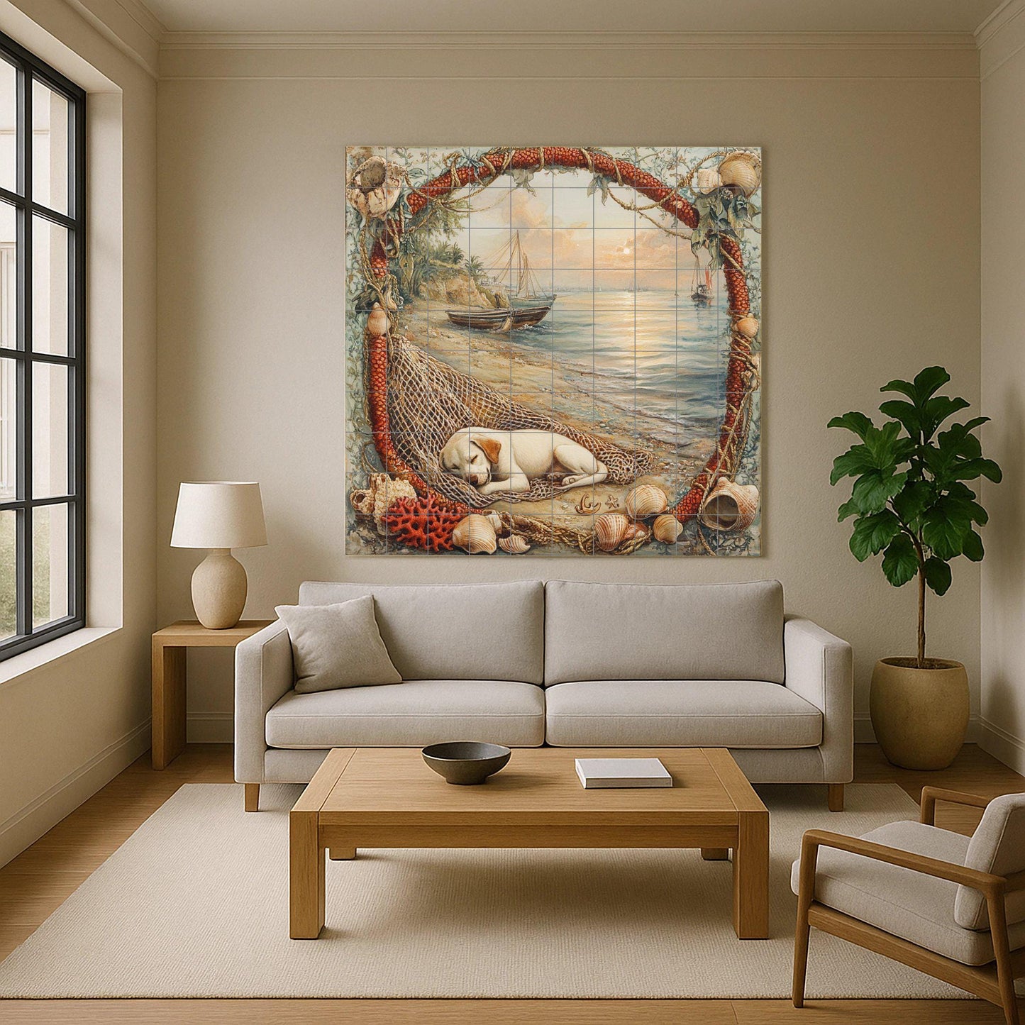 Ceramic tile mural with a puppy by the sea / Dog sleeping on the beach with boats and shells / Coastal nautical decorative panel