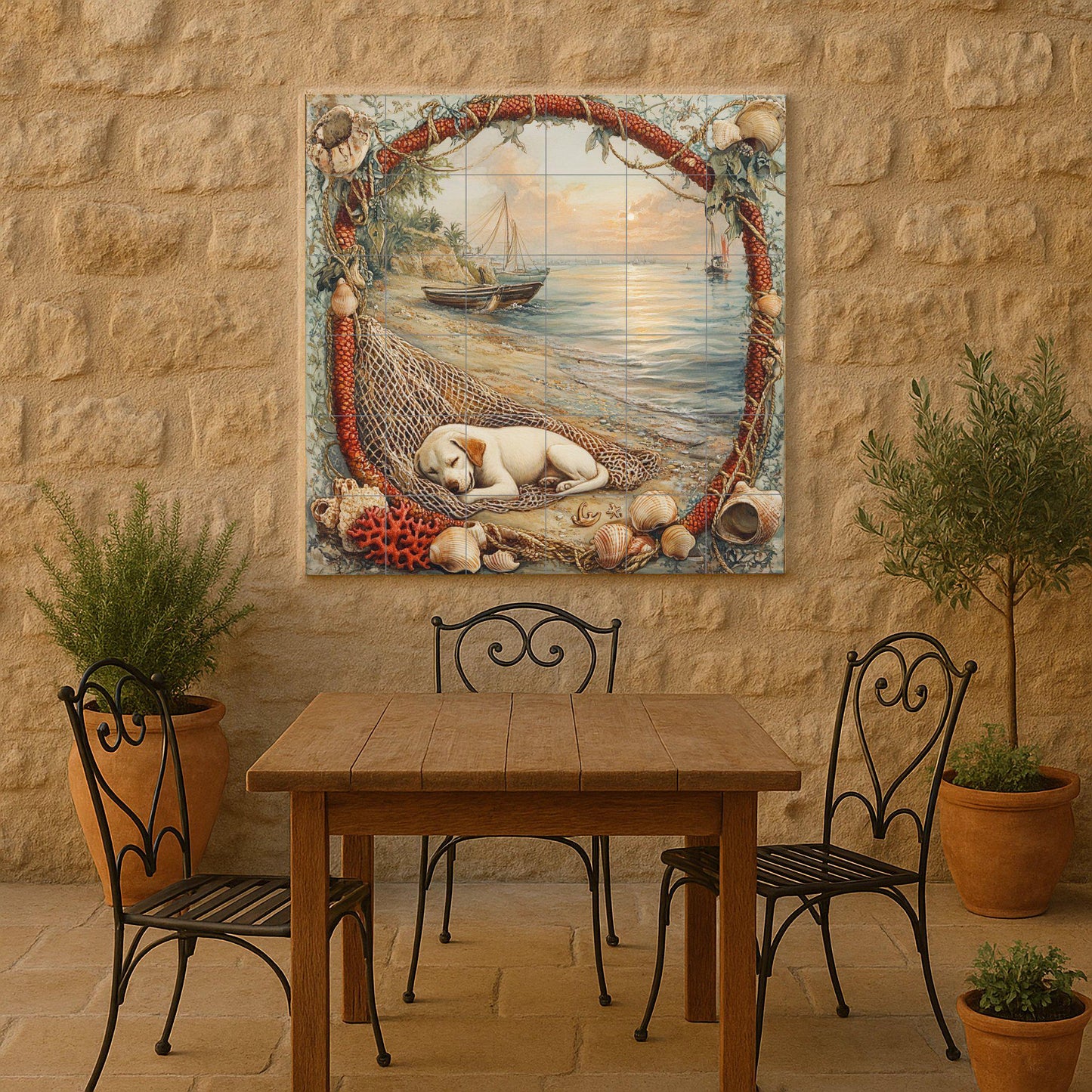 Ceramic tile mural with a puppy by the sea / Dog sleeping on the beach with boats and shells / Coastal nautical decorative panel