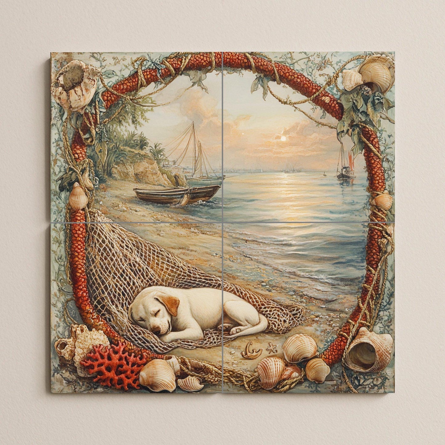 Ceramic tile mural with a puppy by the sea / Dog sleeping on the beach with boats and shells / Coastal nautical decorative panel