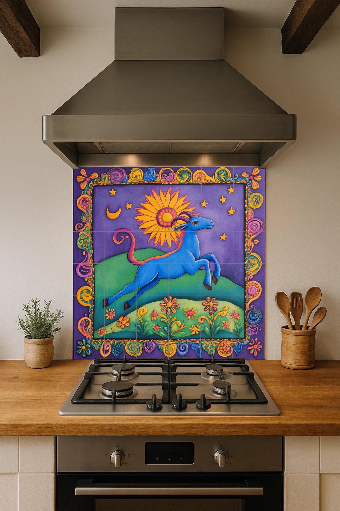 Colorful folk art ceramic tile mural / Vibrant blue goat with sun and stars / Mexican-inspired decorative panel