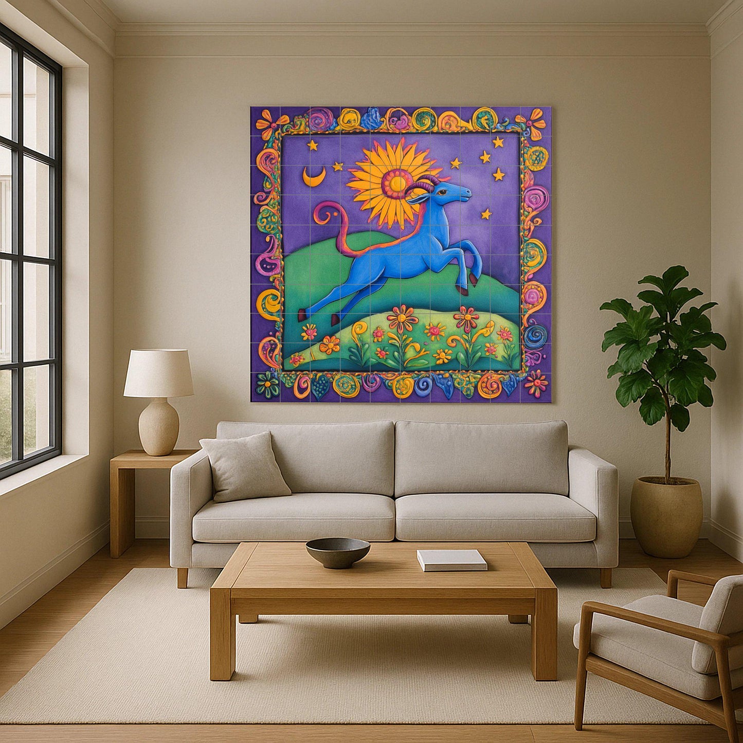 Colorful folk art ceramic tile mural / Vibrant blue goat with sun and stars / Mexican-inspired decorative panel