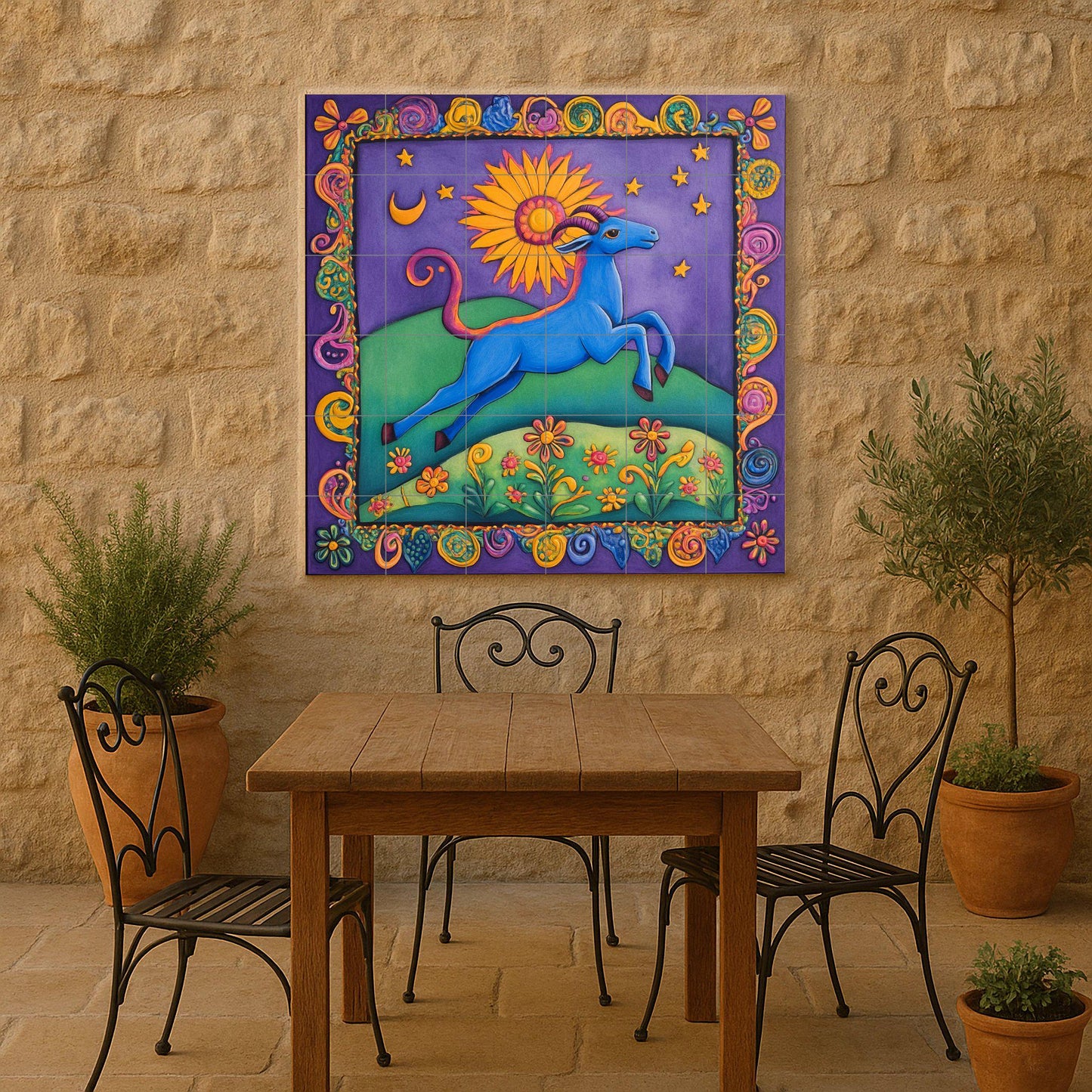 Colorful folk art ceramic tile mural / Vibrant blue goat with sun and stars / Mexican-inspired decorative panel