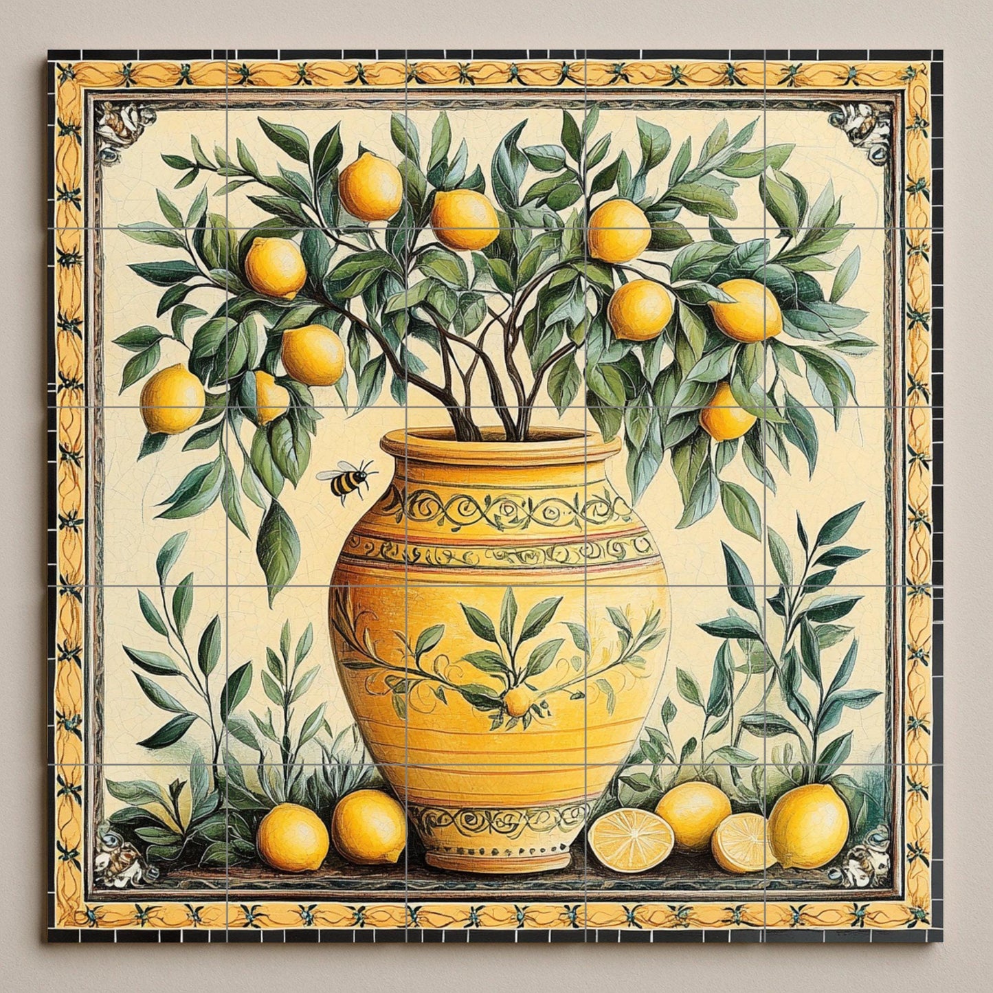 Ceramic tile mural with a vase of Mediterranean lemons / Yellow terracotta pot with lemons and leaves / Rustic decoration for an Italian kitchen