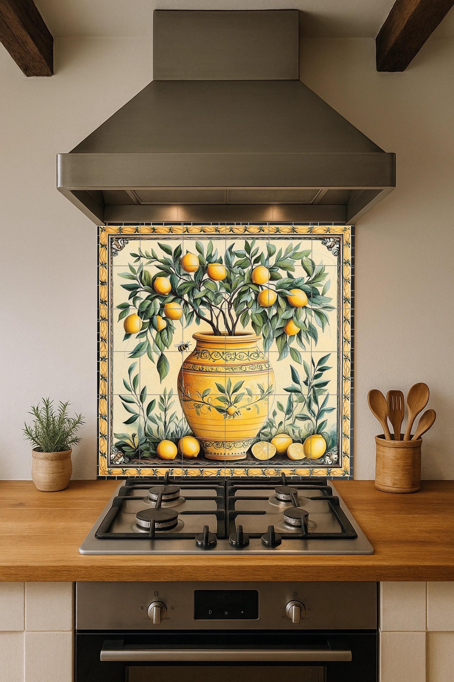 Ceramic tile mural with a vase of Mediterranean lemons / Yellow terracotta pot with lemons and leaves / Rustic decoration for an Italian kitchen