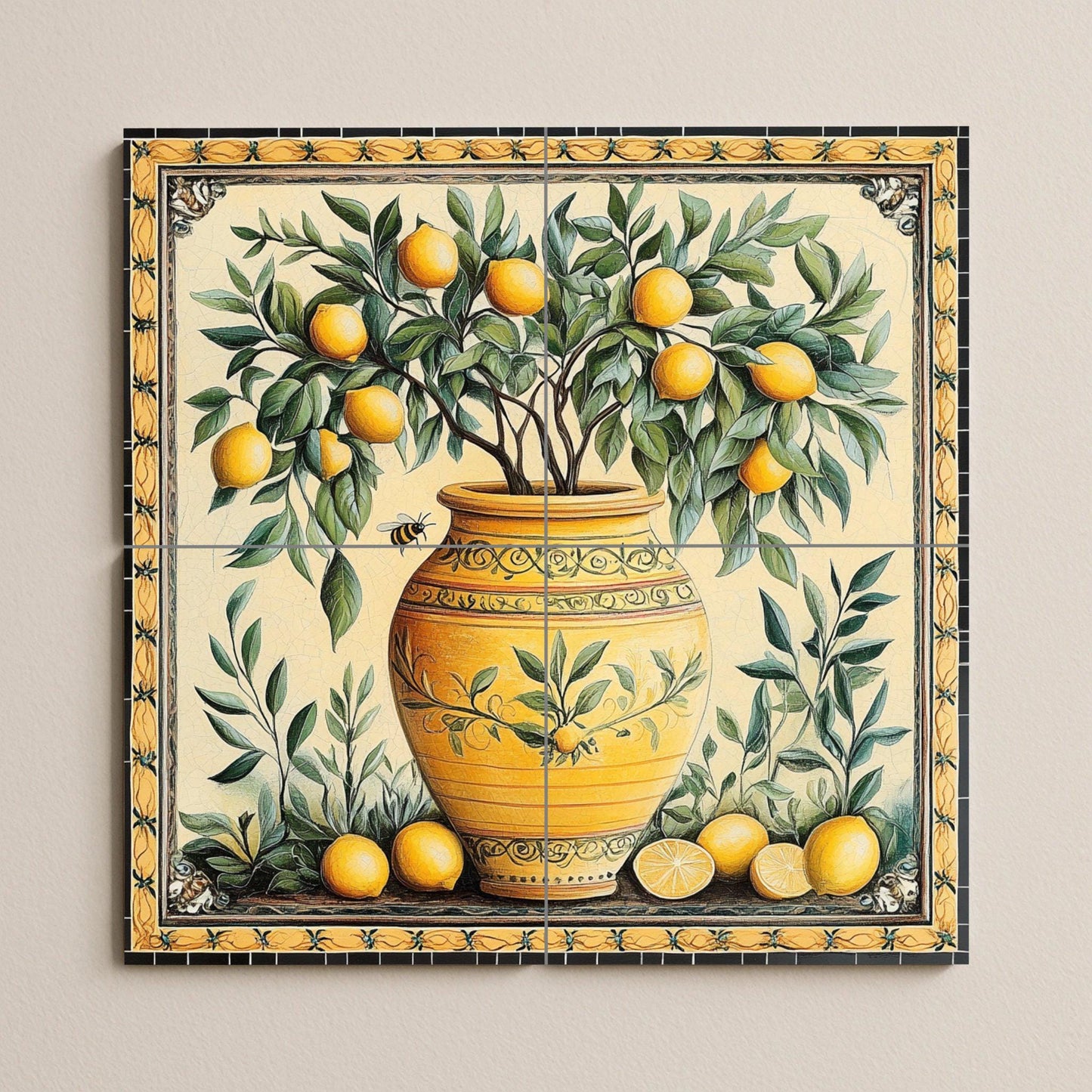 Ceramic tile mural with a vase of Mediterranean lemons / Yellow terracotta pot with lemons and leaves / Rustic decoration for an Italian kitchen