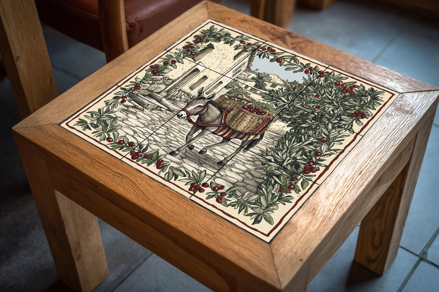 Rustic ceramic tile mural depicting olive harvesting / Mediterranean donkey with a basket of olives / Traditional country decor