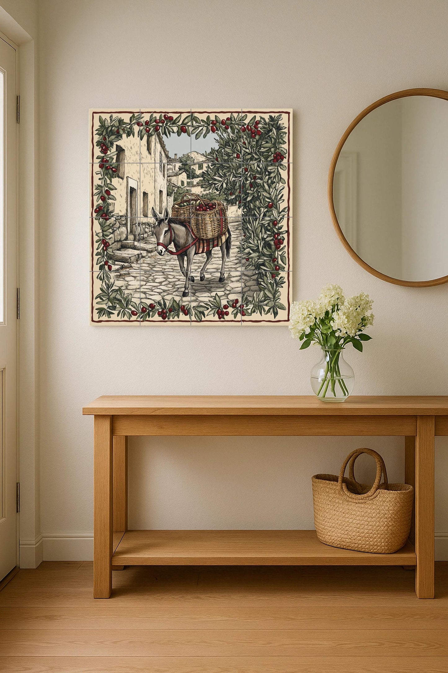 Rustic ceramic tile mural depicting olive harvesting / Mediterranean donkey with a basket of olives / Traditional country decor