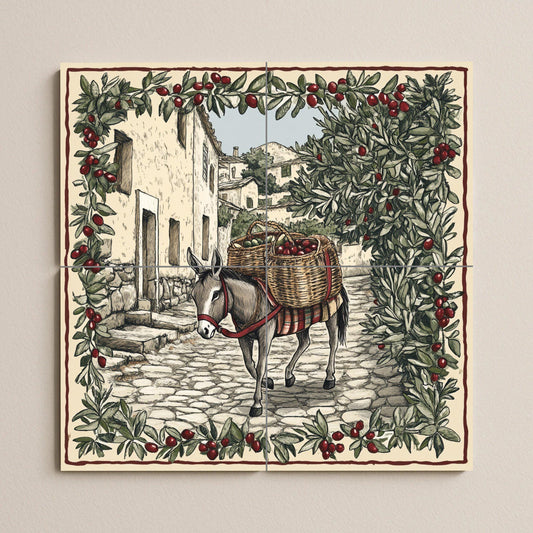 Rustic ceramic tile mural depicting olive harvesting / Mediterranean donkey with a basket of olives / Traditional country decor