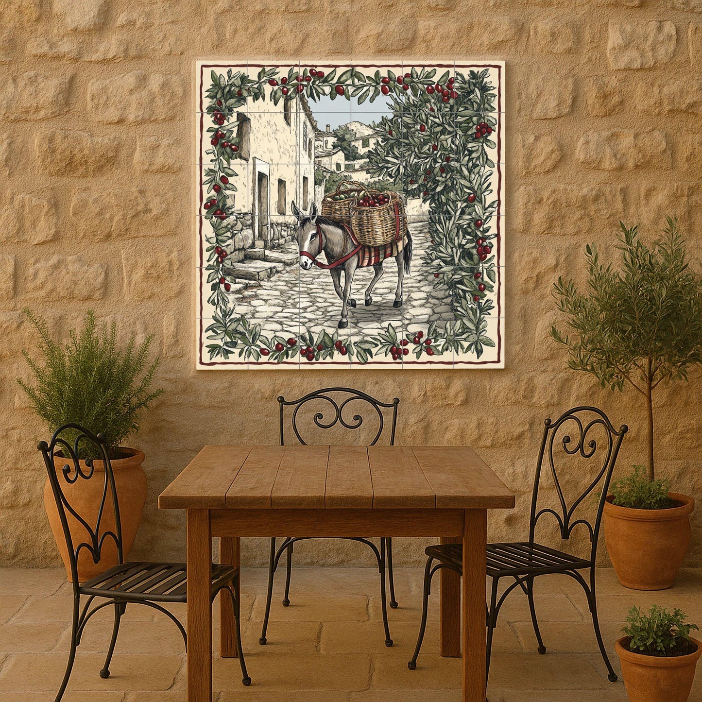 Rustic ceramic tile mural depicting olive harvesting / Mediterranean donkey with a basket of olives / Traditional country decor