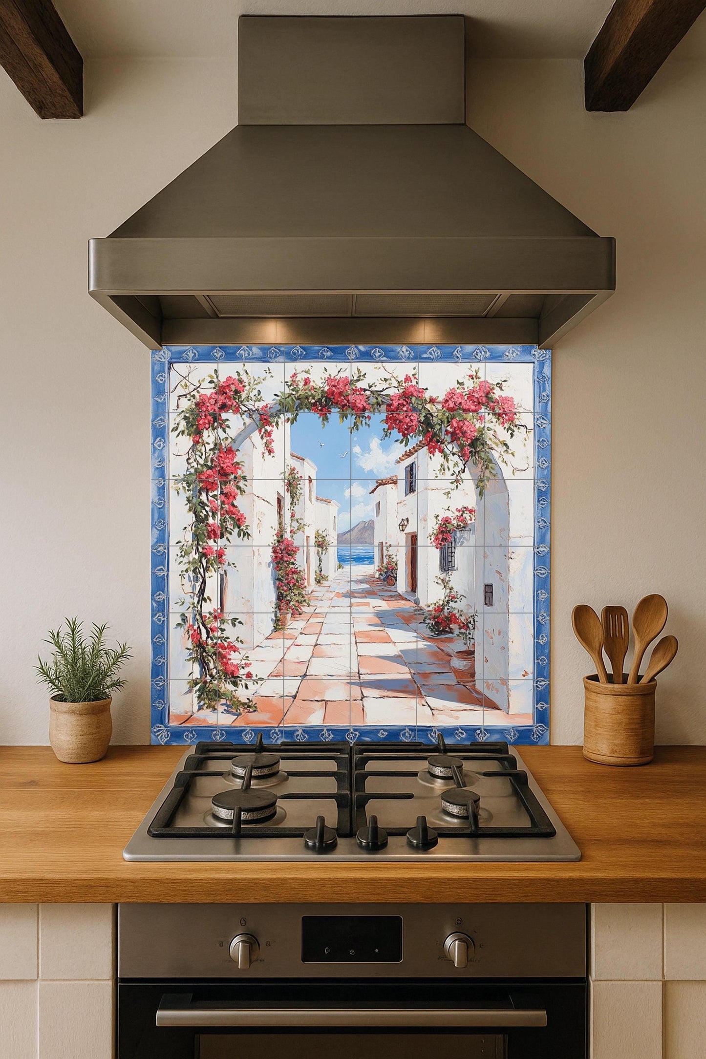 Ceramic tile mural of a Mediterranean coastal village / White coastal houses with bougainvillea / Greek island kitchen backsplash decoration
