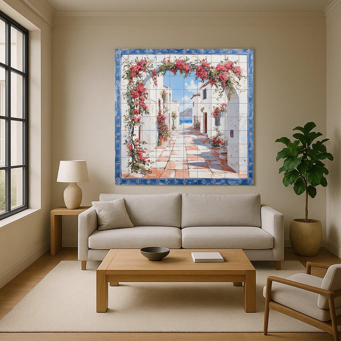 Ceramic tile mural of a Mediterranean coastal village / White coastal houses with bougainvillea / Greek island kitchen backsplash decoration