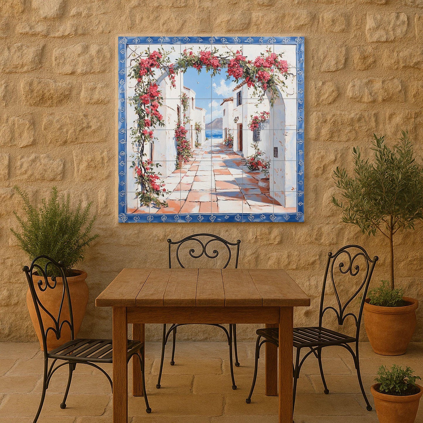 Ceramic tile mural of a Mediterranean coastal village / White coastal houses with bougainvillea / Greek island kitchen backsplash decoration