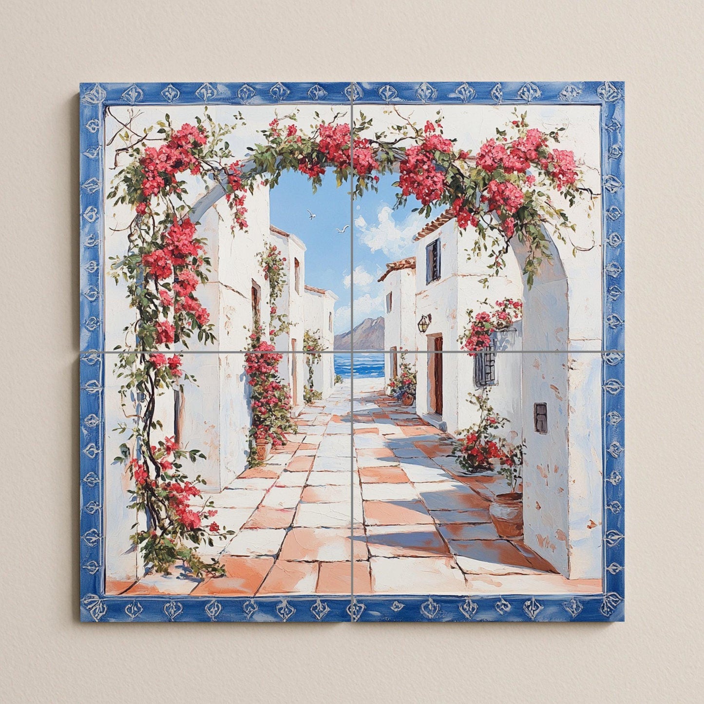 Ceramic tile mural of a Mediterranean coastal village / White coastal houses with bougainvillea / Greek island kitchen backsplash decoration