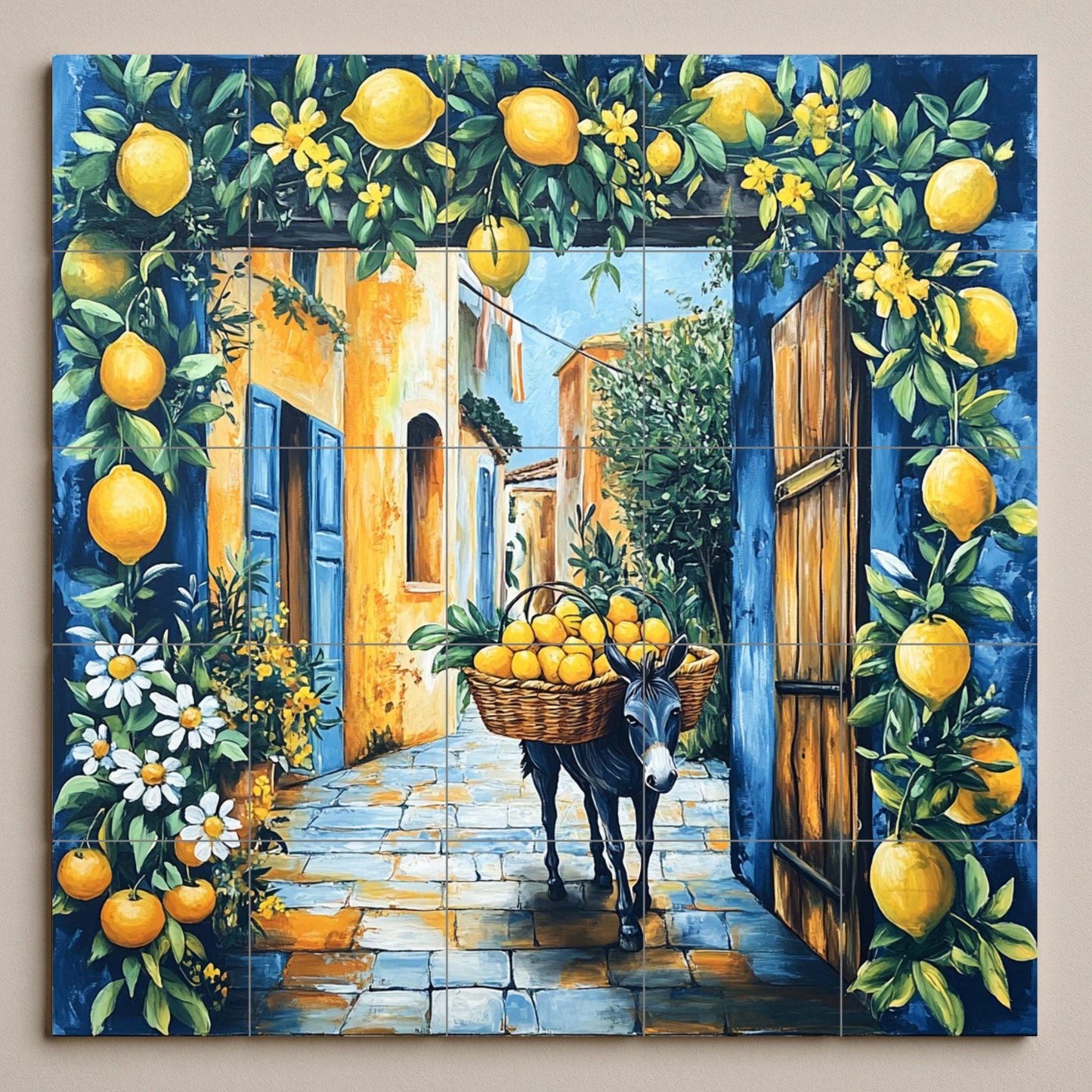 Mediterranean Lemon Street Ceramic Tile Mural / Italian Village with Donkey and Lemons / Rustic Amalfi Kitchen Backsplash Decor