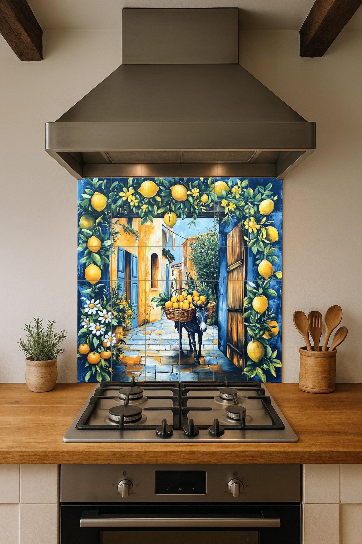 Mediterranean Lemon Street Ceramic Tile Mural / Italian Village with Donkey and Lemons / Rustic Amalfi Kitchen Backsplash Decor