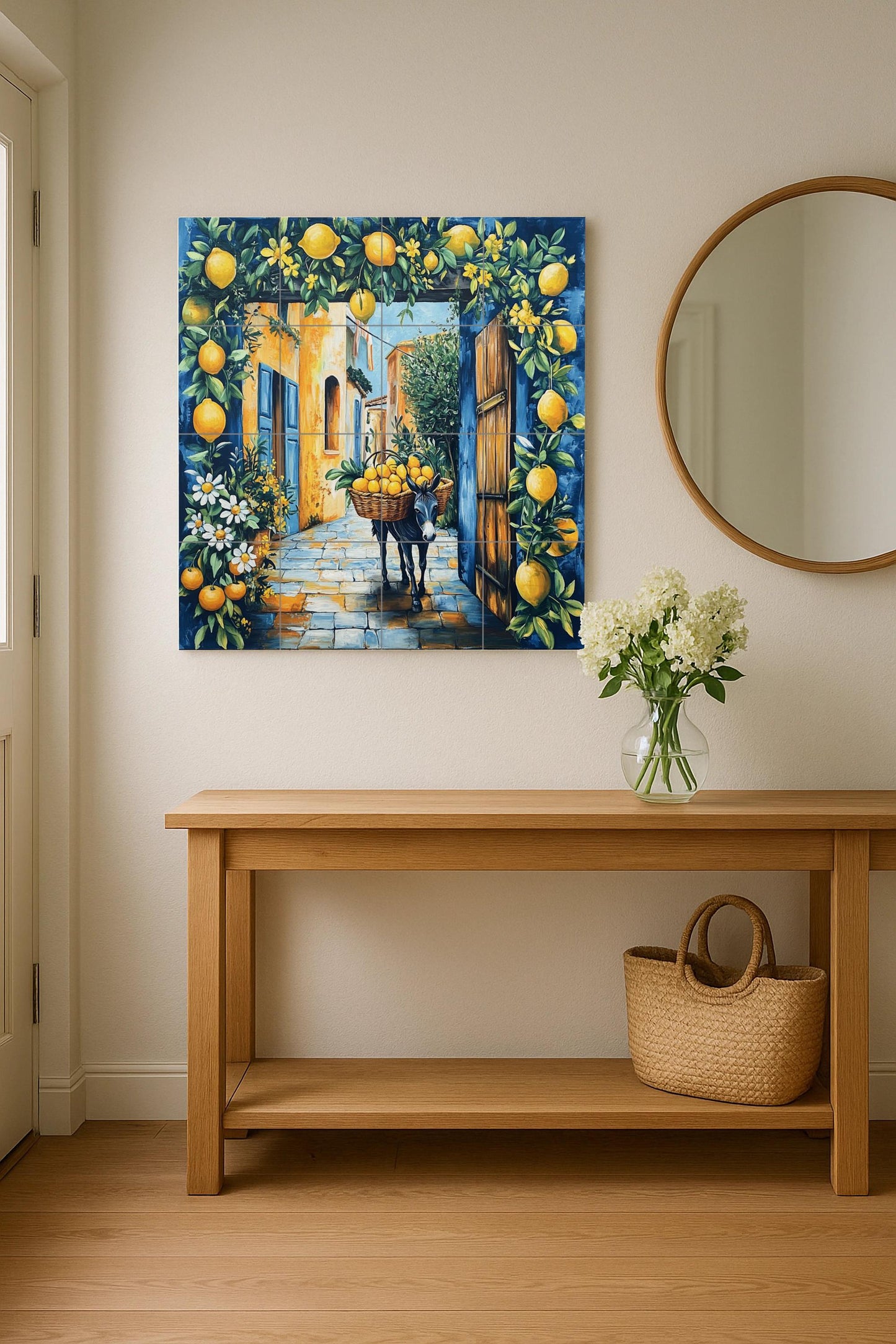 Mediterranean Lemon Street Ceramic Tile Mural / Italian Village with Donkey and Lemons / Rustic Amalfi Kitchen Backsplash Decor