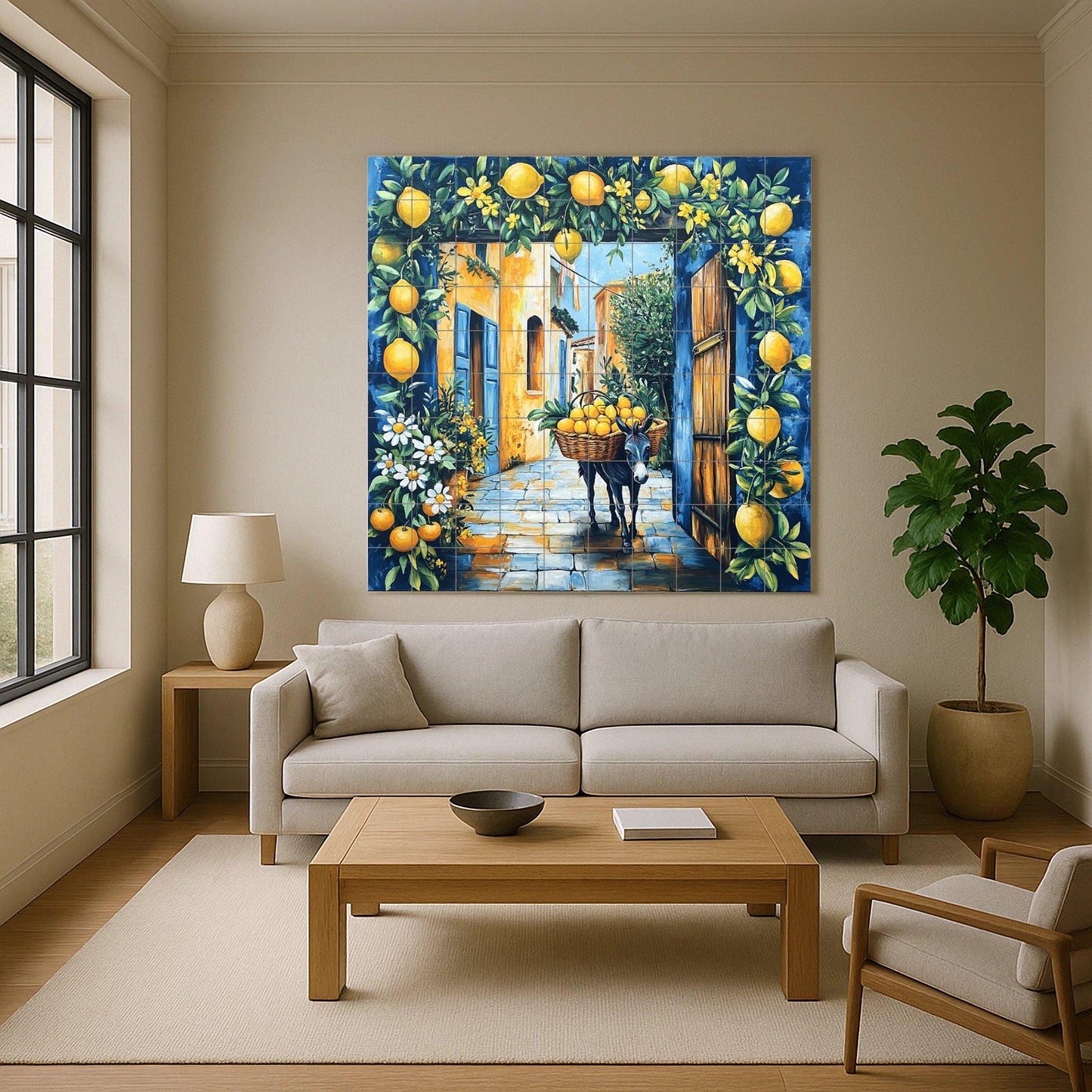 Mediterranean Lemon Street Ceramic Tile Mural / Italian Village with Donkey and Lemons / Rustic Amalfi Kitchen Backsplash Decor