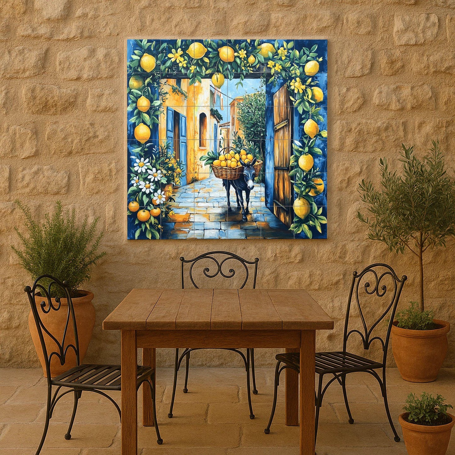 Mediterranean Lemon Street Ceramic Tile Mural / Italian Village with Donkey and Lemons / Rustic Amalfi Kitchen Backsplash Decor