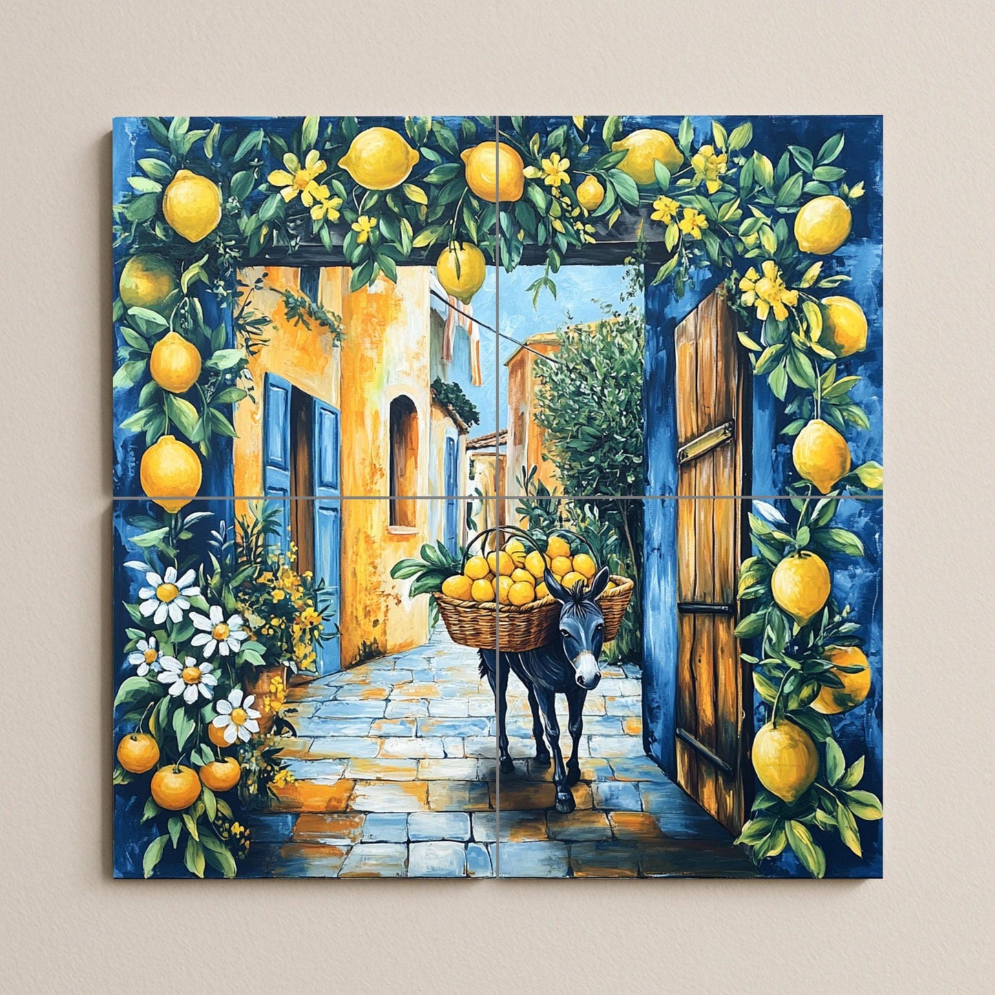 Mediterranean Lemon Street Ceramic Tile Mural / Italian Village with Donkey and Lemons / Rustic Amalfi Kitchen Backsplash Decor