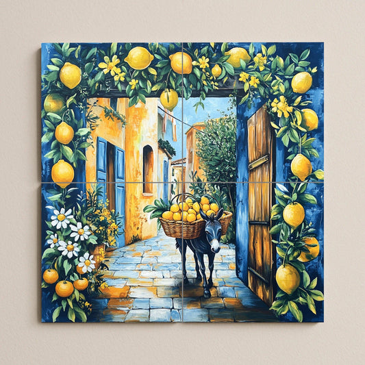 Mediterranean Lemon Street Ceramic Tile Mural / Italian Village with Donkey and Lemons / Rustic Amalfi Kitchen Backsplash Decor