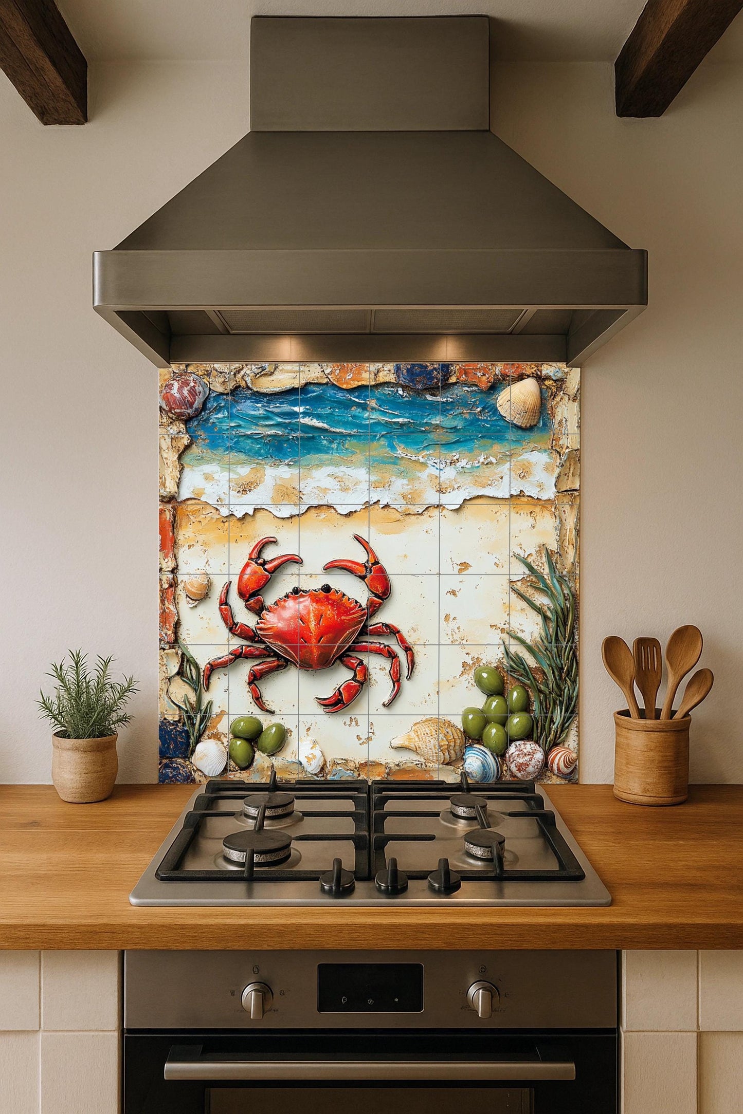 Coastal Crab Ceramic Tile Mural / Red Crab with Shells and Ocean Waves / Nautical Beach Decorative Panel for Room or Patio