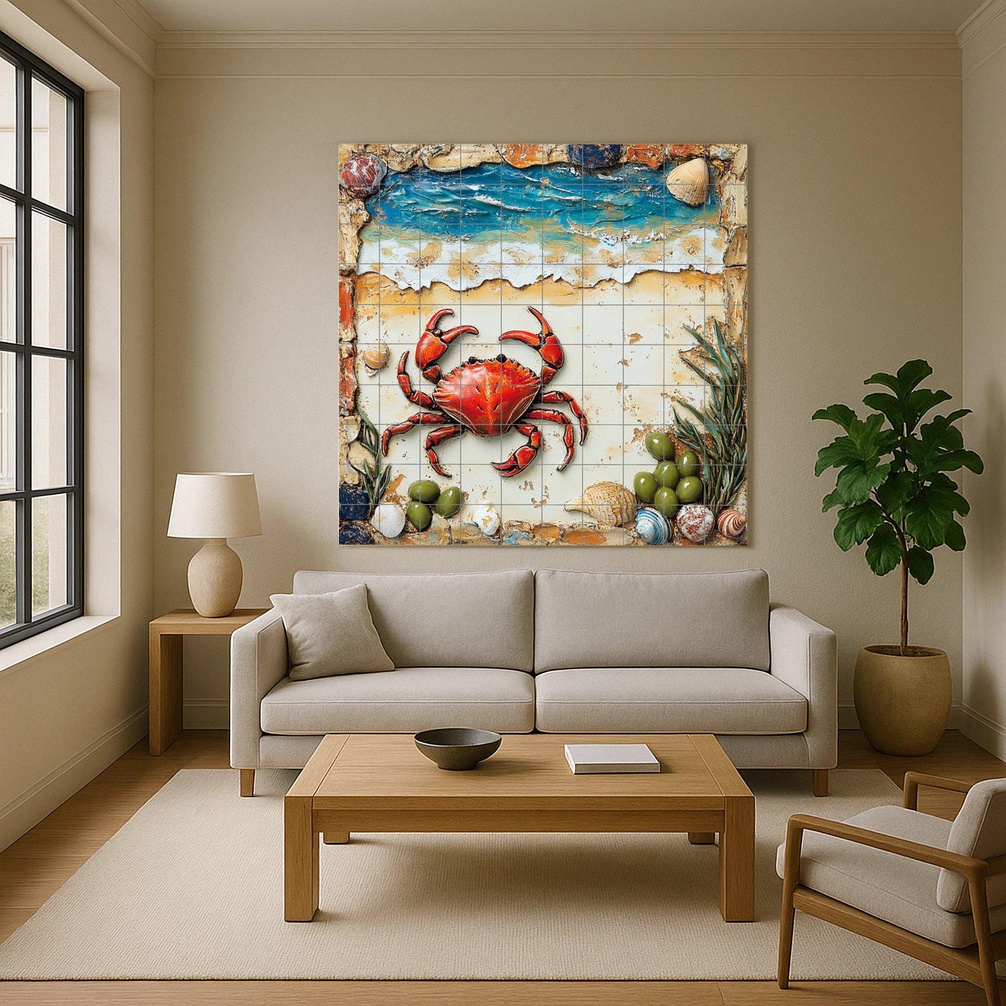 Coastal Crab Ceramic Tile Mural / Red Crab with Shells and Ocean Waves / Nautical Beach Decorative Panel for Room or Patio