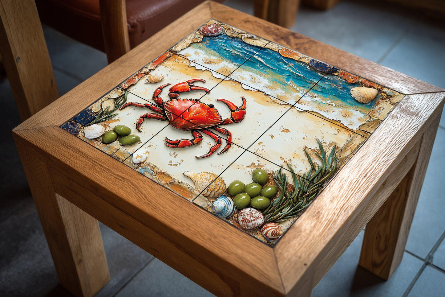 Coastal Crab Ceramic Tile Mural / Red Crab with Shells and Ocean Waves / Nautical Beach Decorative Panel for Room or Patio