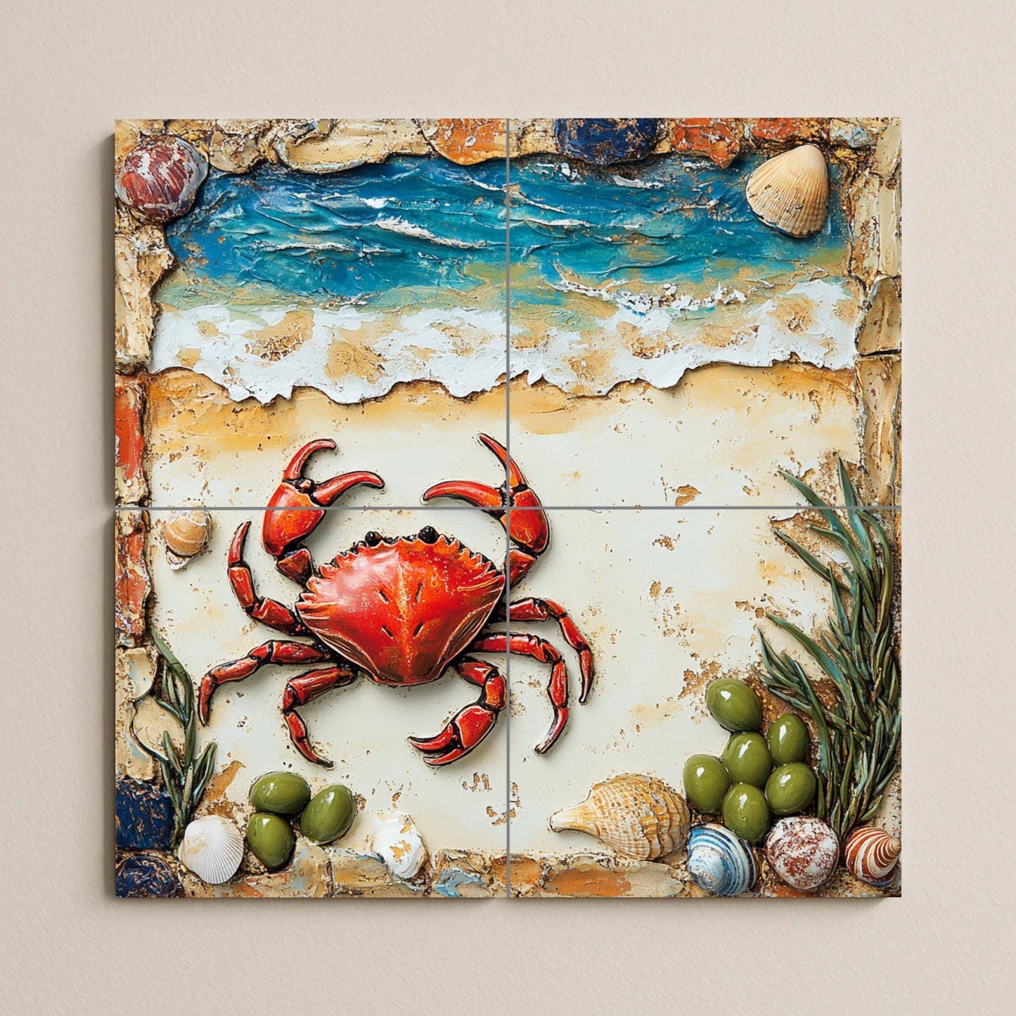 Coastal Crab Ceramic Tile Mural / Red Crab with Shells and Ocean Waves / Nautical Beach Decorative Panel for Room or Patio