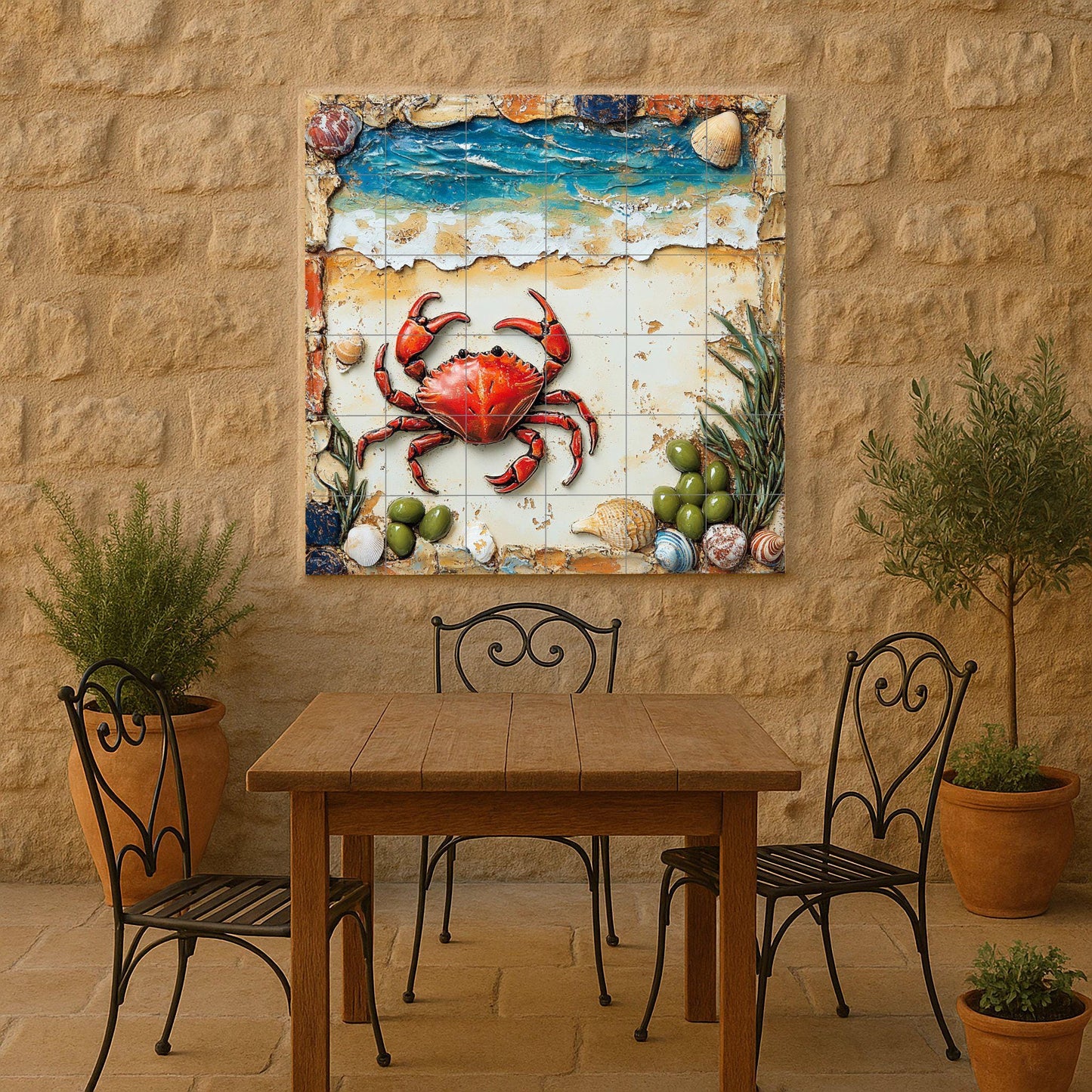 Coastal Crab Ceramic Tile Mural / Red Crab with Shells and Ocean Waves / Nautical Beach Decorative Panel for Room or Patio