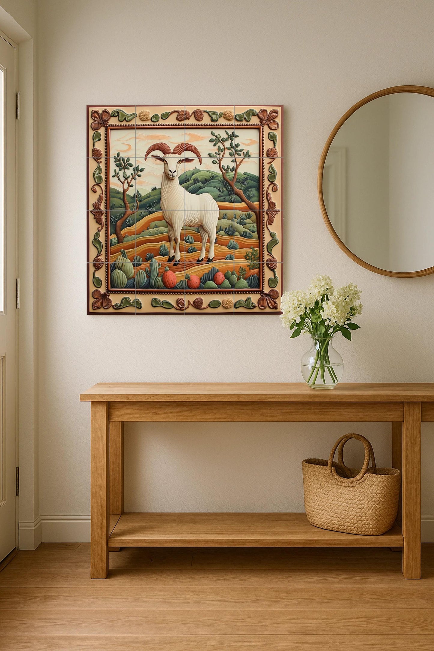 Rustic Goat Ceramic Tile Mural / Mediterranean Country Style Decorative Panel with Ram and Landscape / Rustic Style Decor