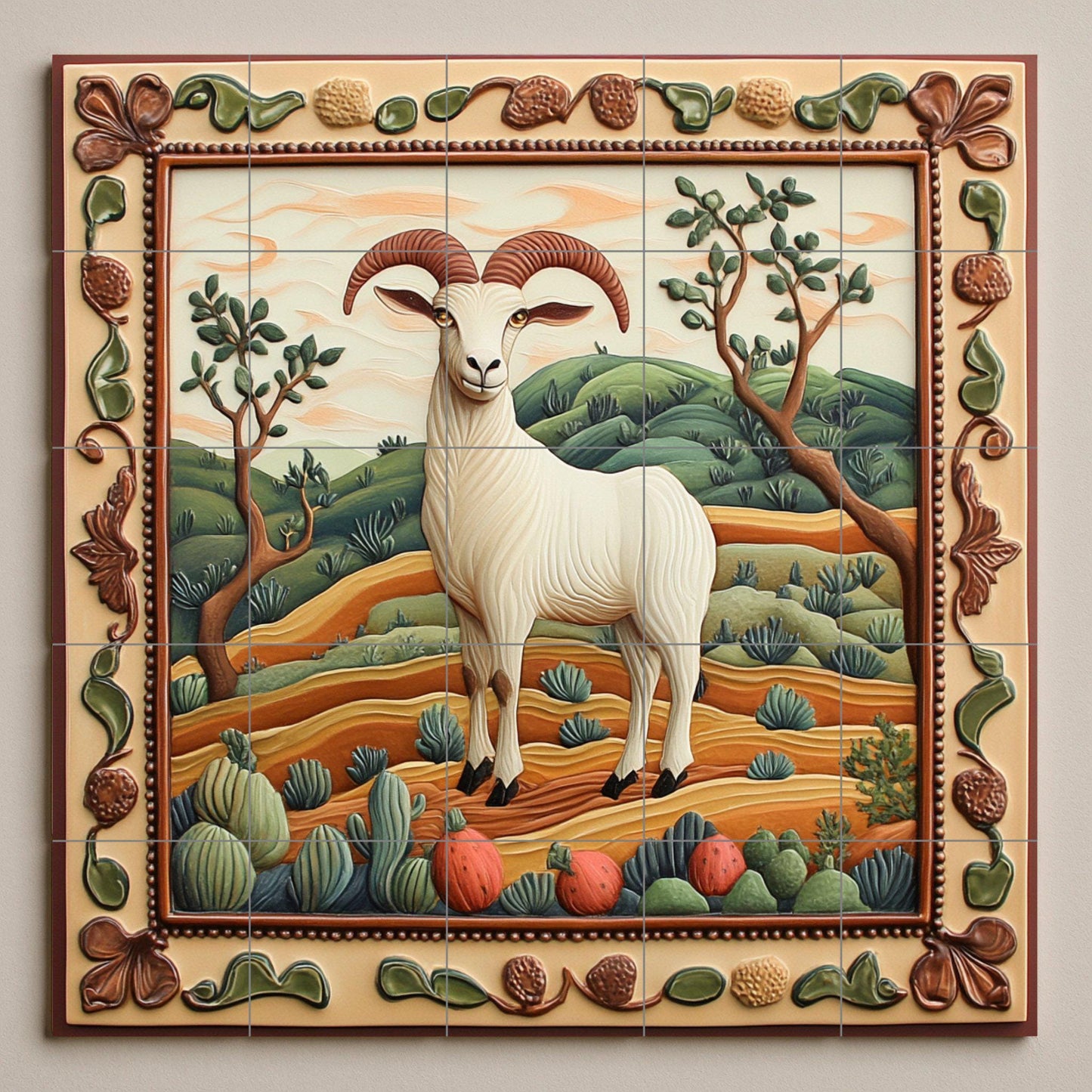 Rustic Goat Ceramic Tile Mural / Mediterranean Country Style Decorative Panel with Ram and Landscape / Rustic Style Decor