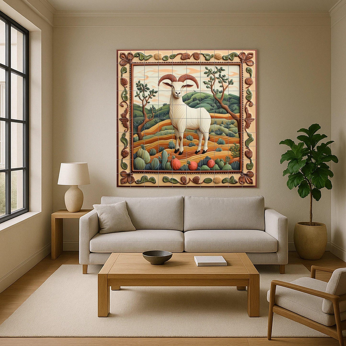 Rustic Goat Ceramic Tile Mural / Mediterranean Country Style Decorative Panel with Ram and Landscape / Rustic Style Decor