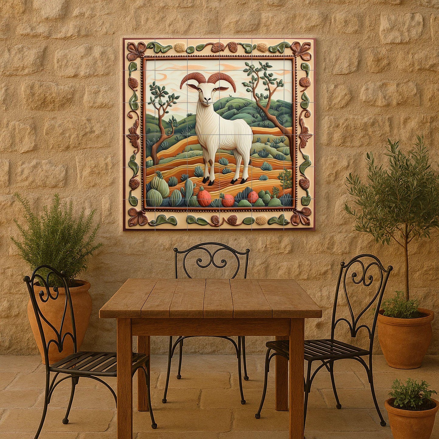 Rustic Goat Ceramic Tile Mural / Mediterranean Country Style Decorative Panel with Ram and Landscape / Rustic Style Decor